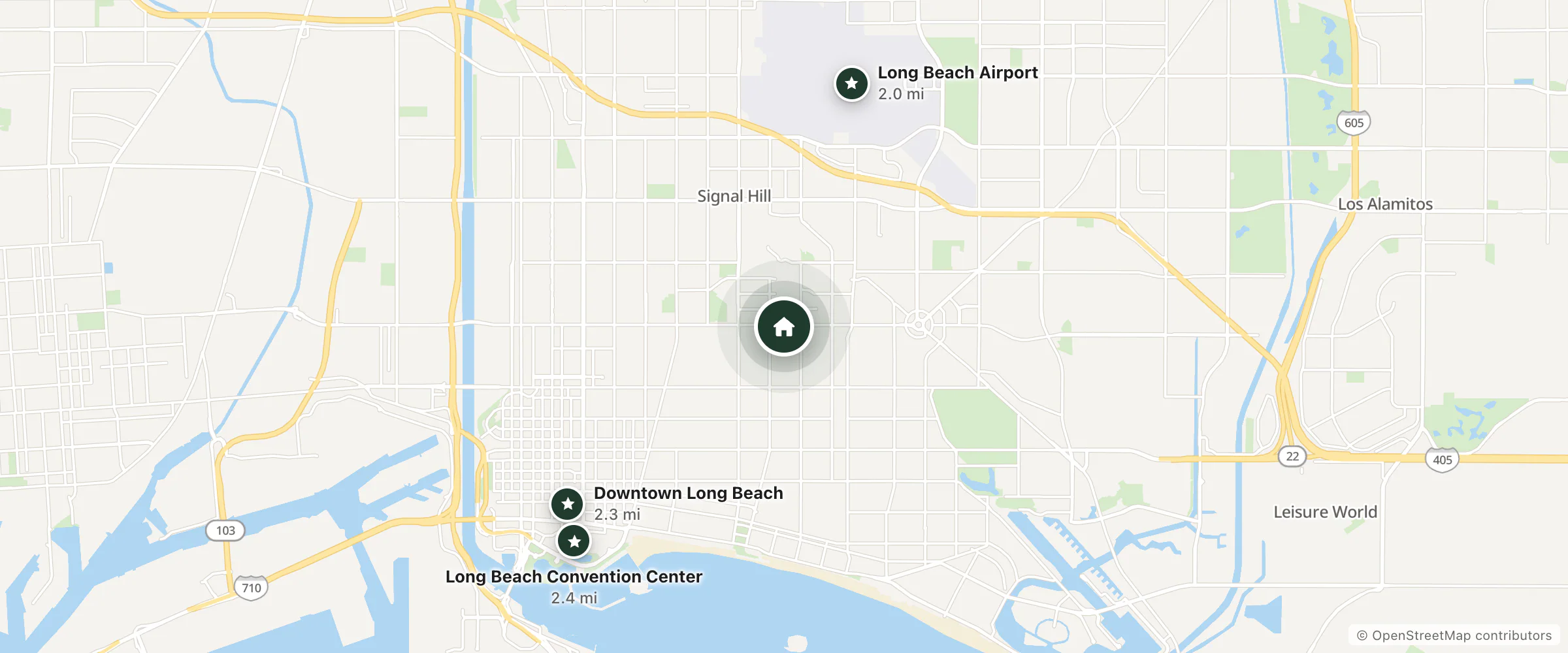 Map of Coast Motel and nearby Long Beach Airport, Downtown Long Beach and Long Beach Convention Center