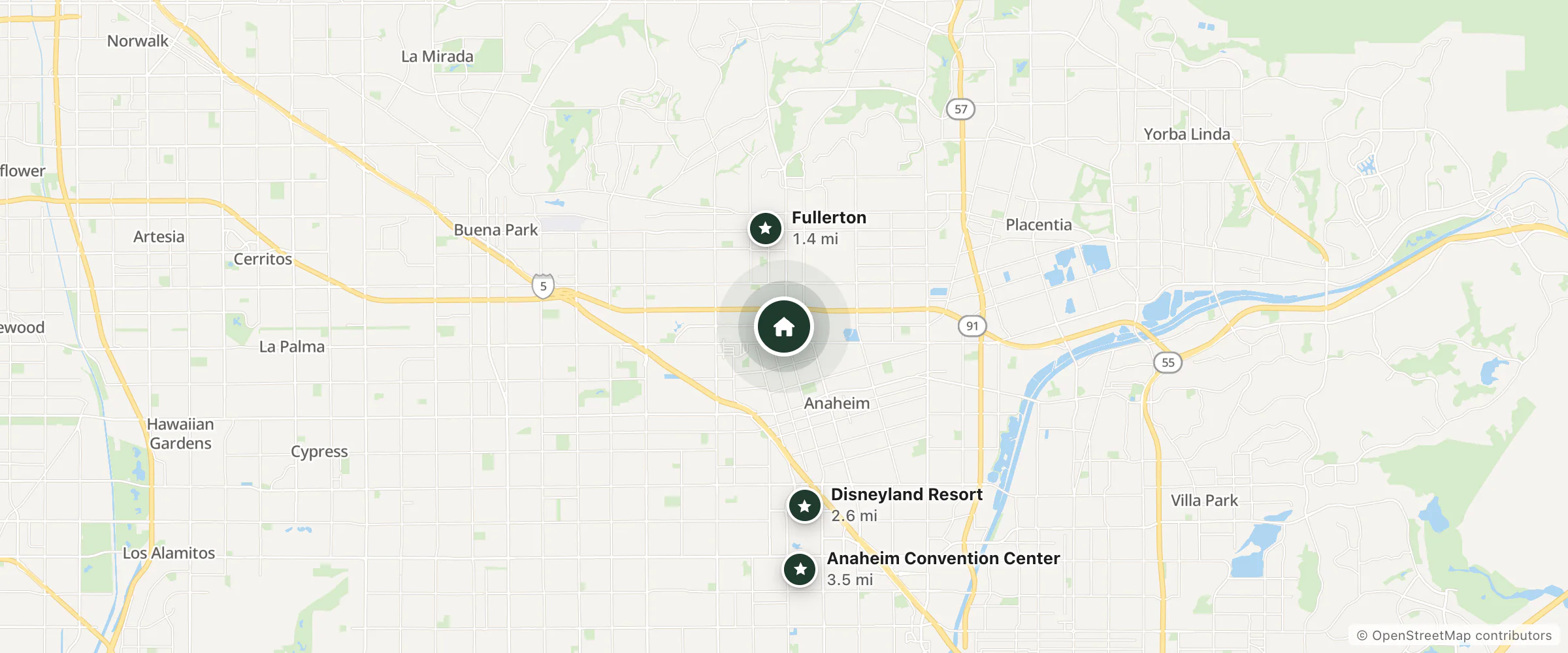 Map of Palm Motor Lodge and nearby Fullerton, Disneyland Resort and Anaheim Convention Center