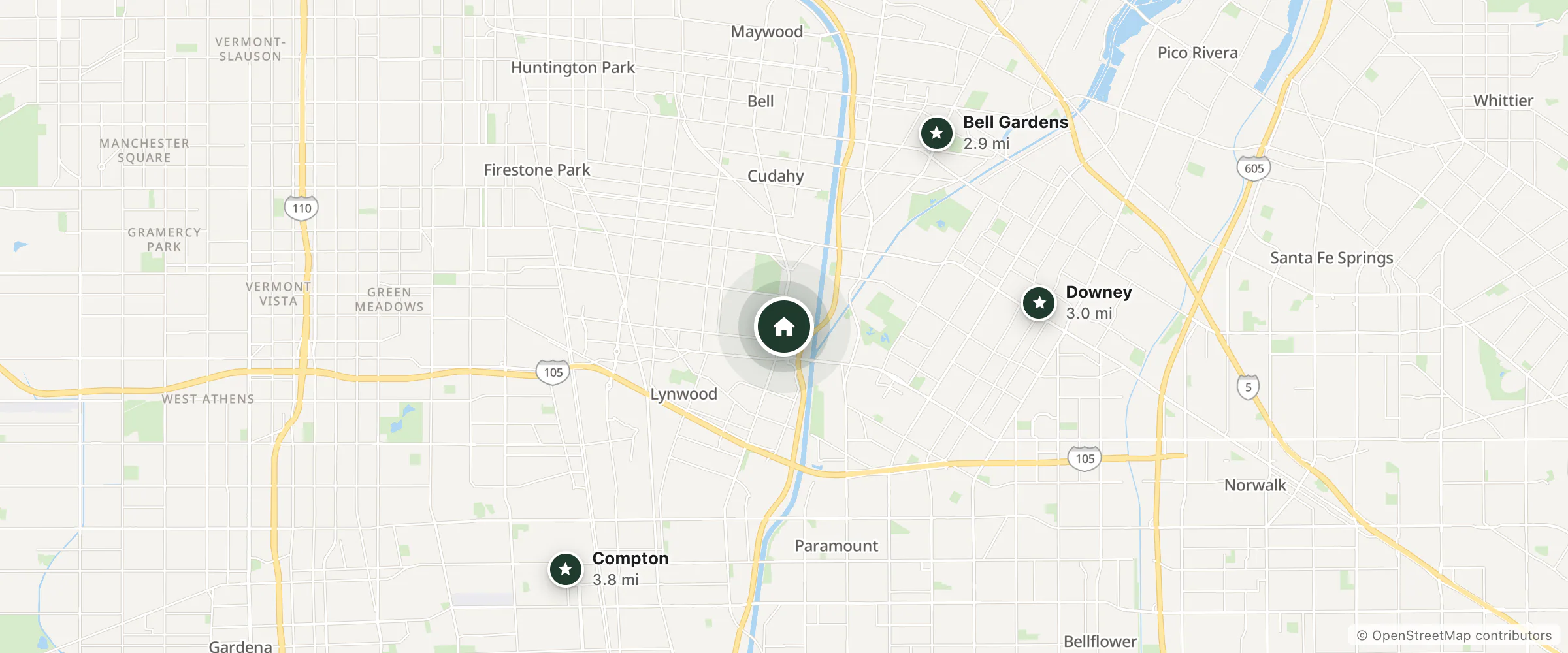 Map of Nendels Valu Inn and nearby Bell Gardens, Downey and Compton