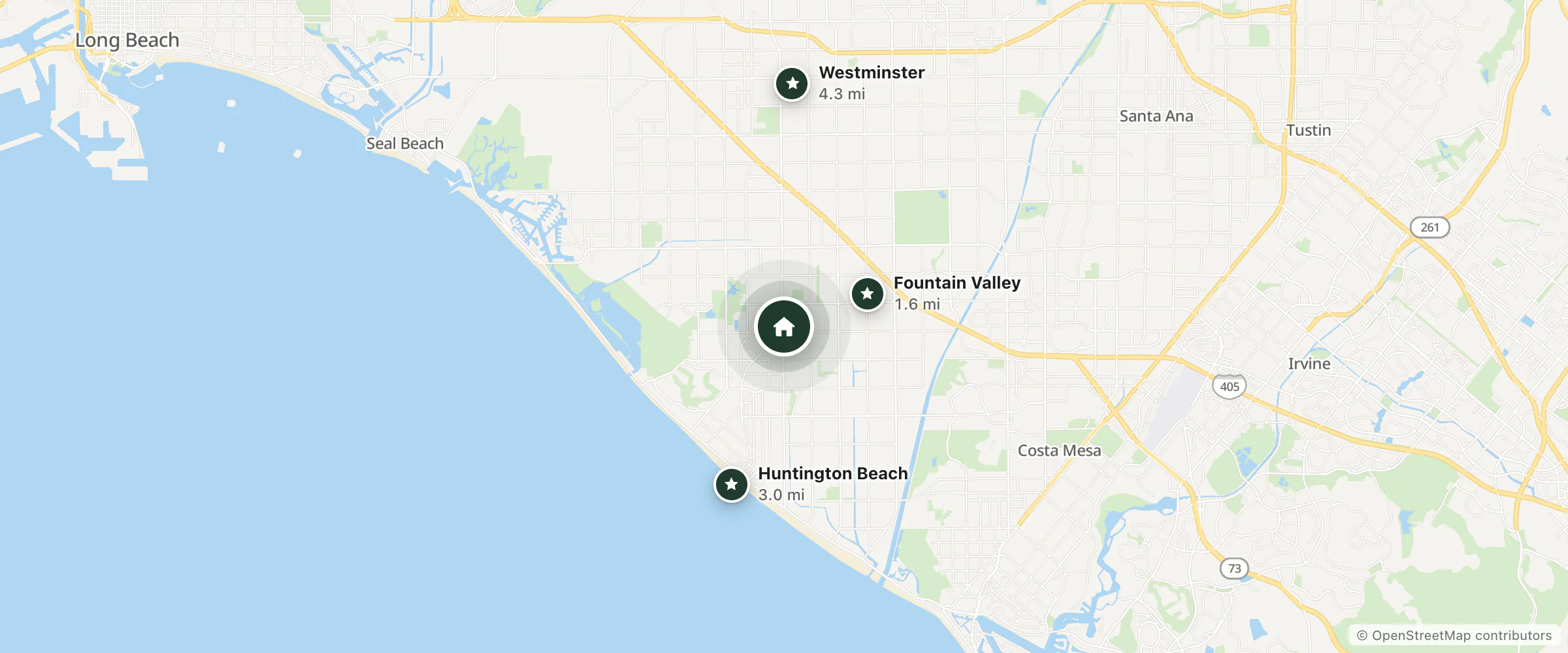 Map of Starlight Inn and nearby Fountain Valley, Huntington Beach and Westminster