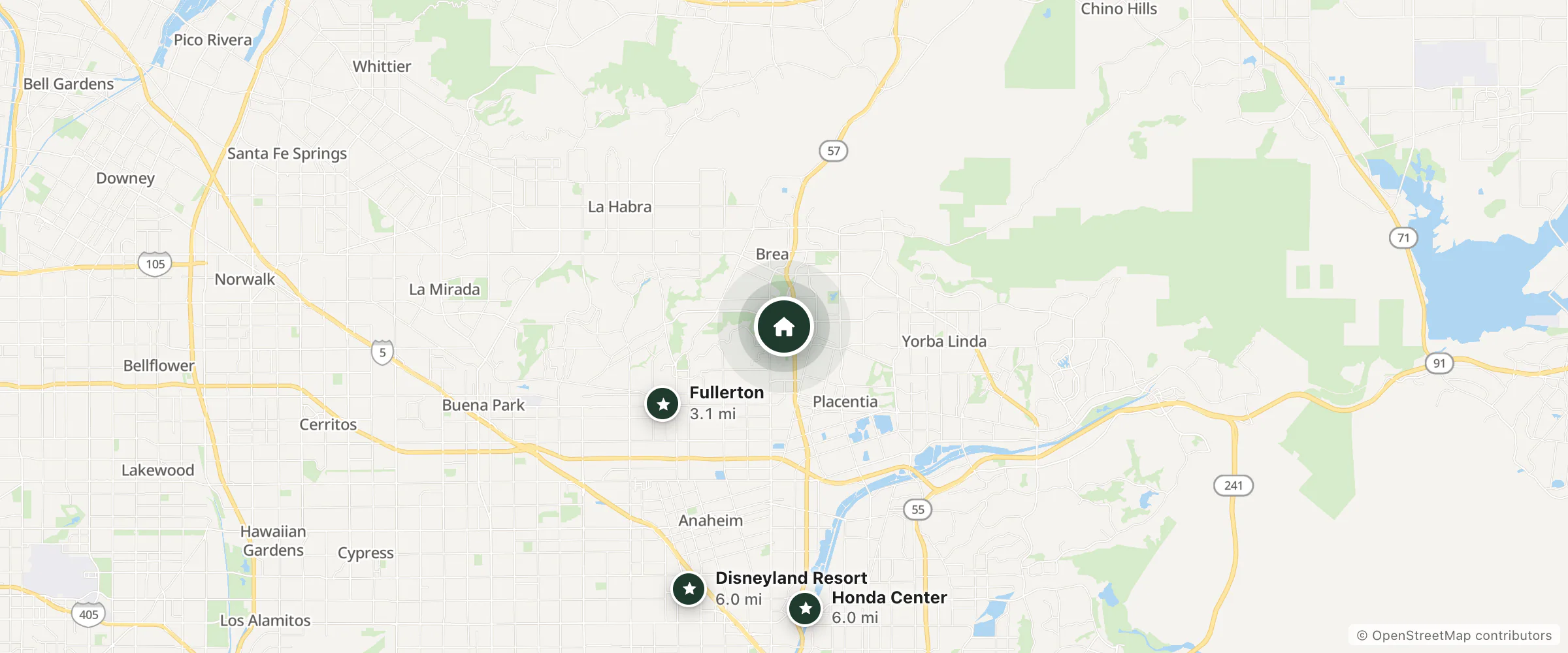 Map of Oakwood At Las Palmas Apartmen and nearby Fullerton, Disneyland Resort and Honda Center