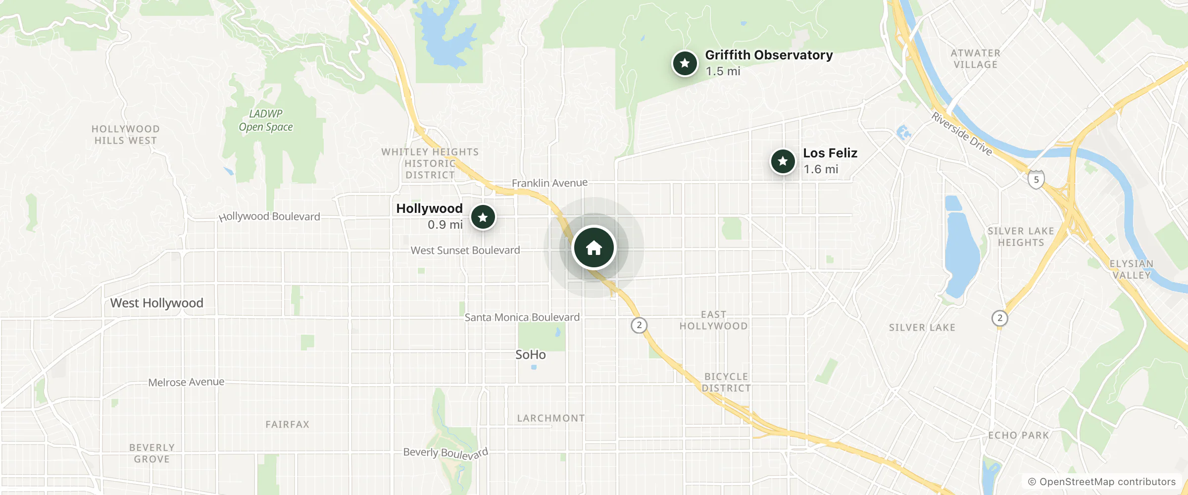 Map of Dunes Inn and nearby Hollywood, Griffith Observatory and Los Feliz