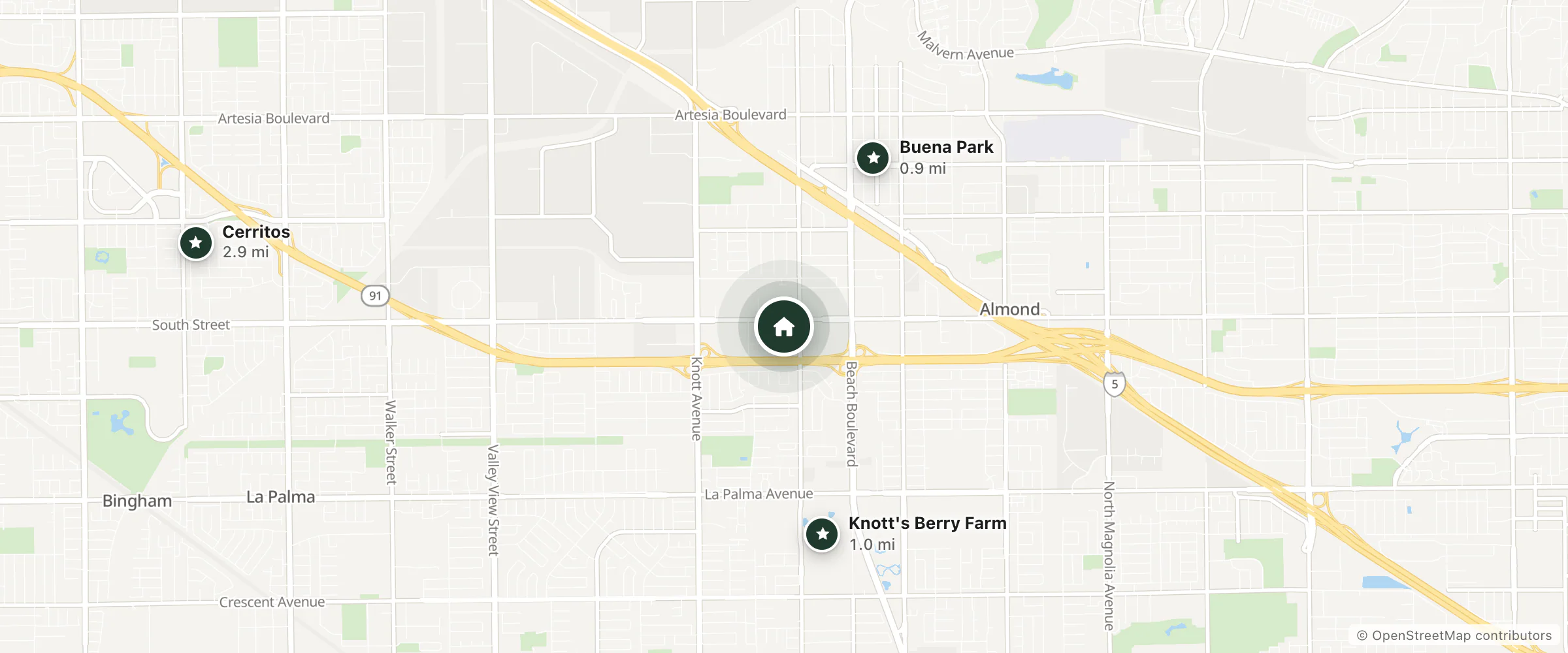 Map of Town House Motel and nearby Buena Park, Knott's Berry Farm and Cerritos