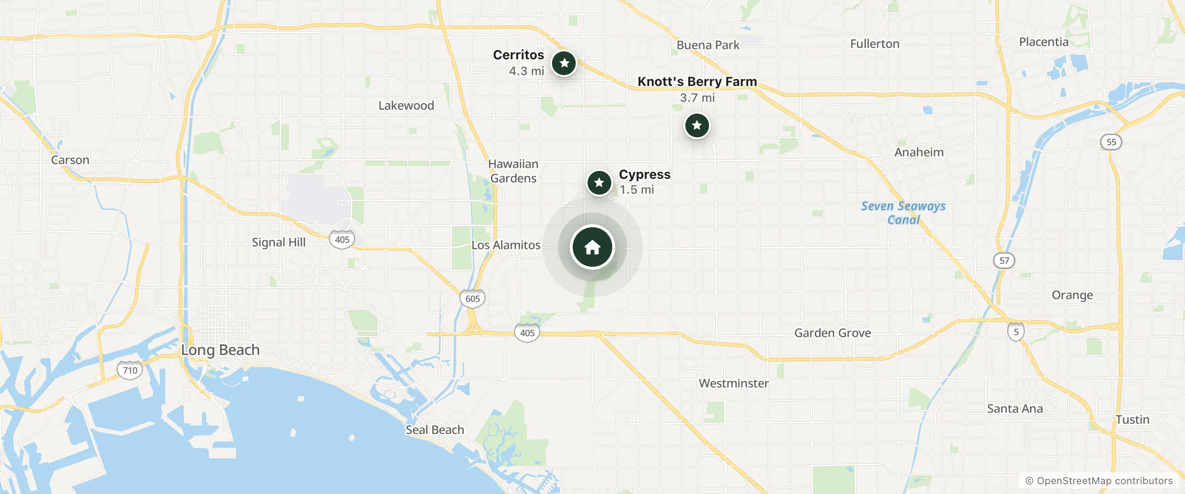 Map of Homewood Suites by Hilton Cypress Orange County and nearby Cypress, Knott's Berry Farm and Cerritos