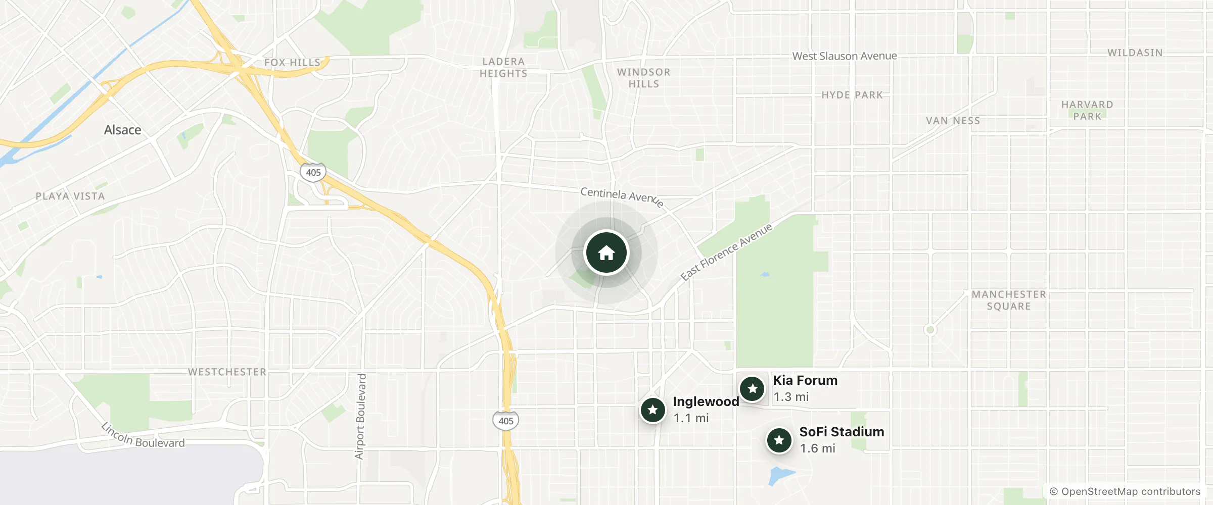 Map of Lax Airport Hotel and nearby Inglewood, Kia Forum and SoFi Stadium