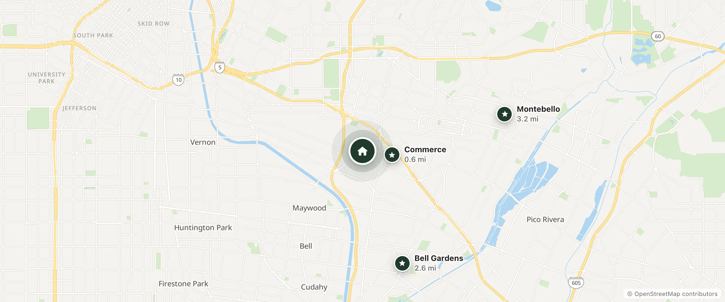 Map of Carlo Motel and nearby Commerce, Bell Gardens and Montebello