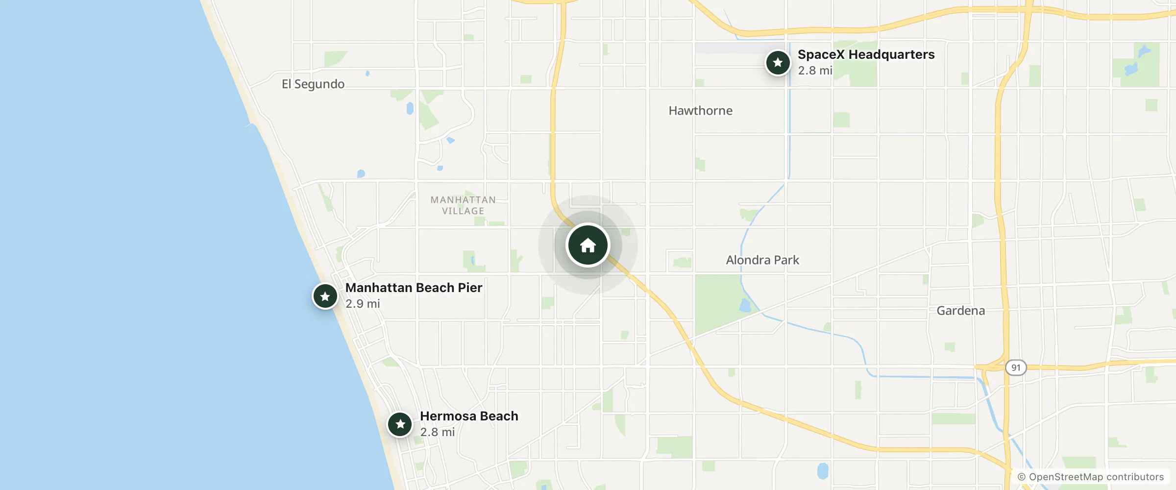 Map of Homewood Suites By Hilton Los Angeles Redondo Beach and nearby Hermosa Beach, SpaceX Headquarters and Manhattan Beach Pier