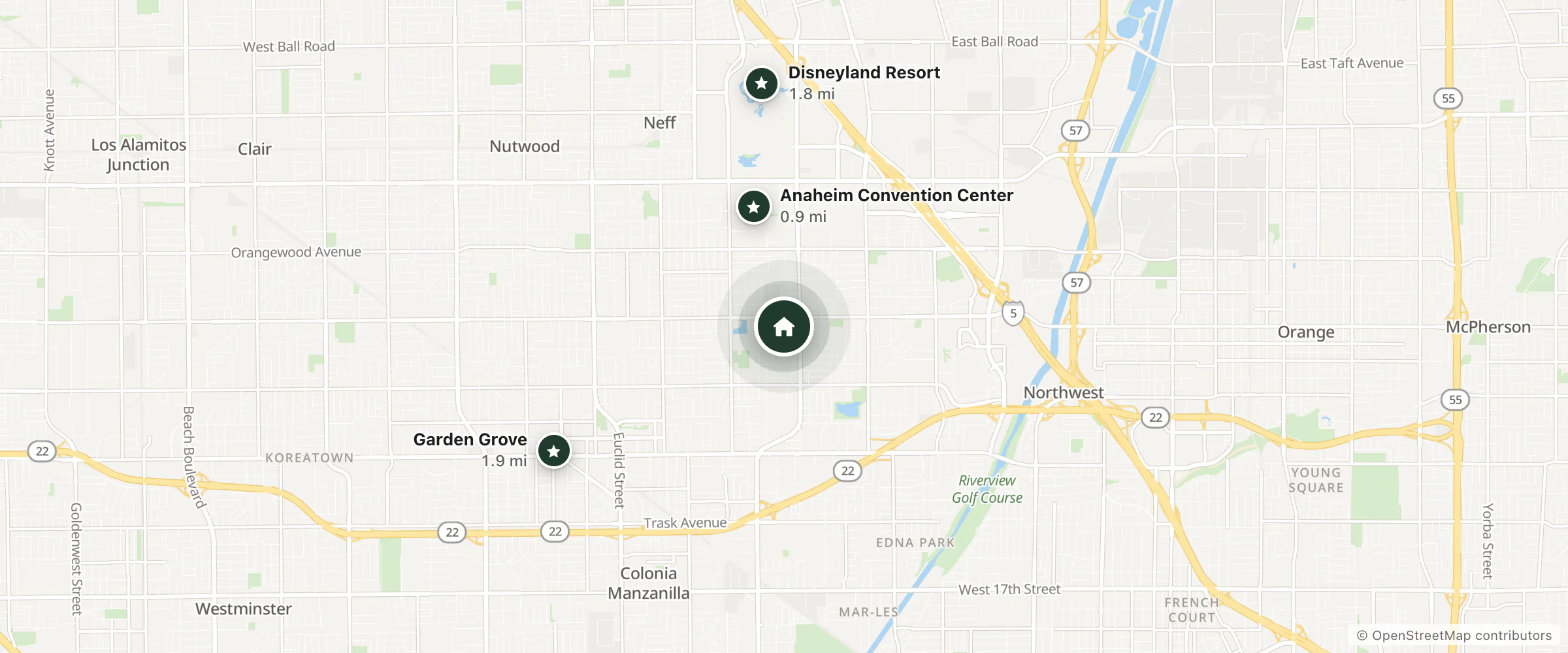 Map of Anaheim Marriott Suites and nearby Anaheim Convention Center, Disneyland Resort and Garden Grove