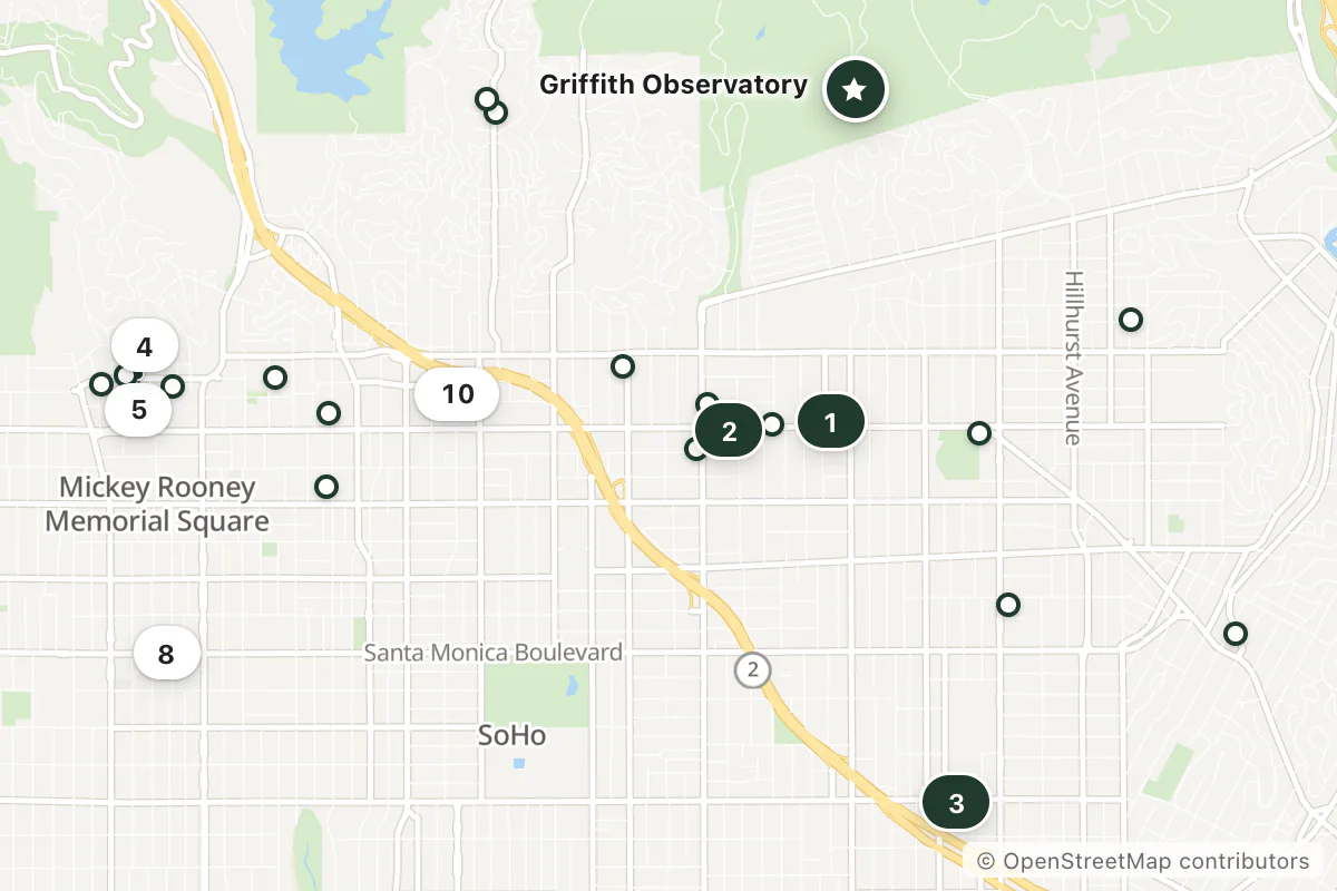 Map of the top 25 hotels for this question around Griffith Observatory