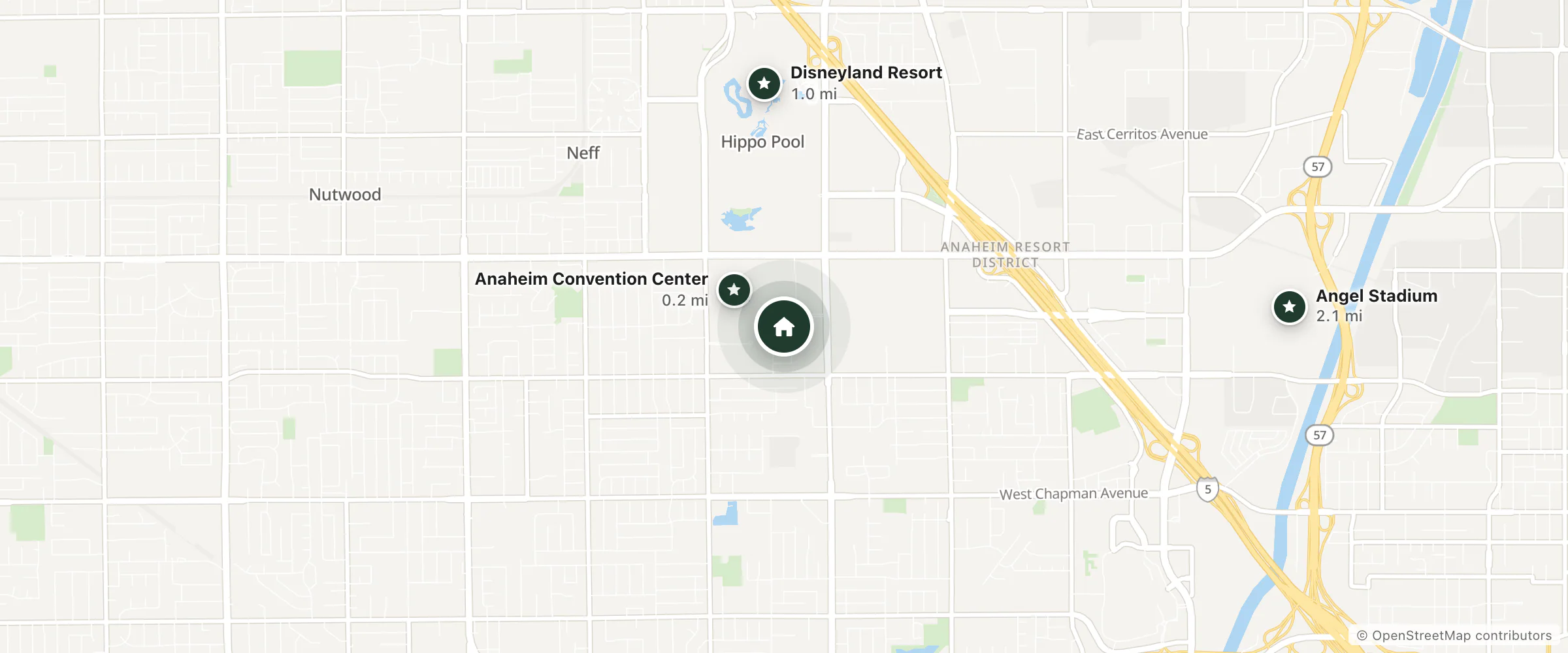 Map of Anaheim Marriott and nearby Anaheim Convention Center, Disneyland Resort and Angel Stadium