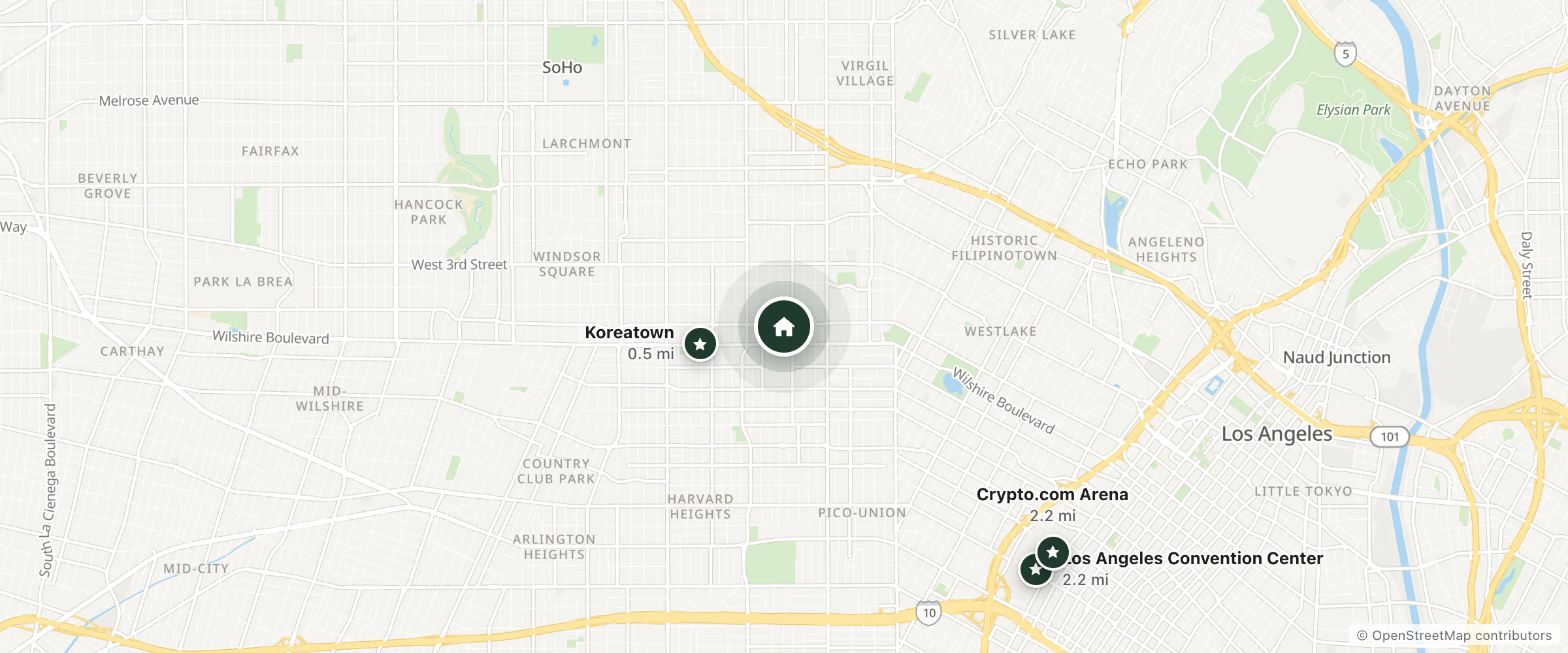 Map of Kins Hotel and nearby Koreatown, Los Angeles Convention Center and Crypto.com Arena