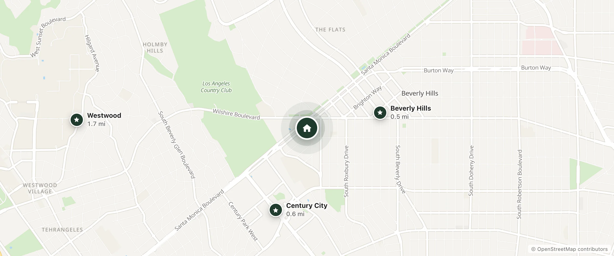 Map of The Peninsula Beverly Hills and nearby Beverly Hills, Century City and Westwood