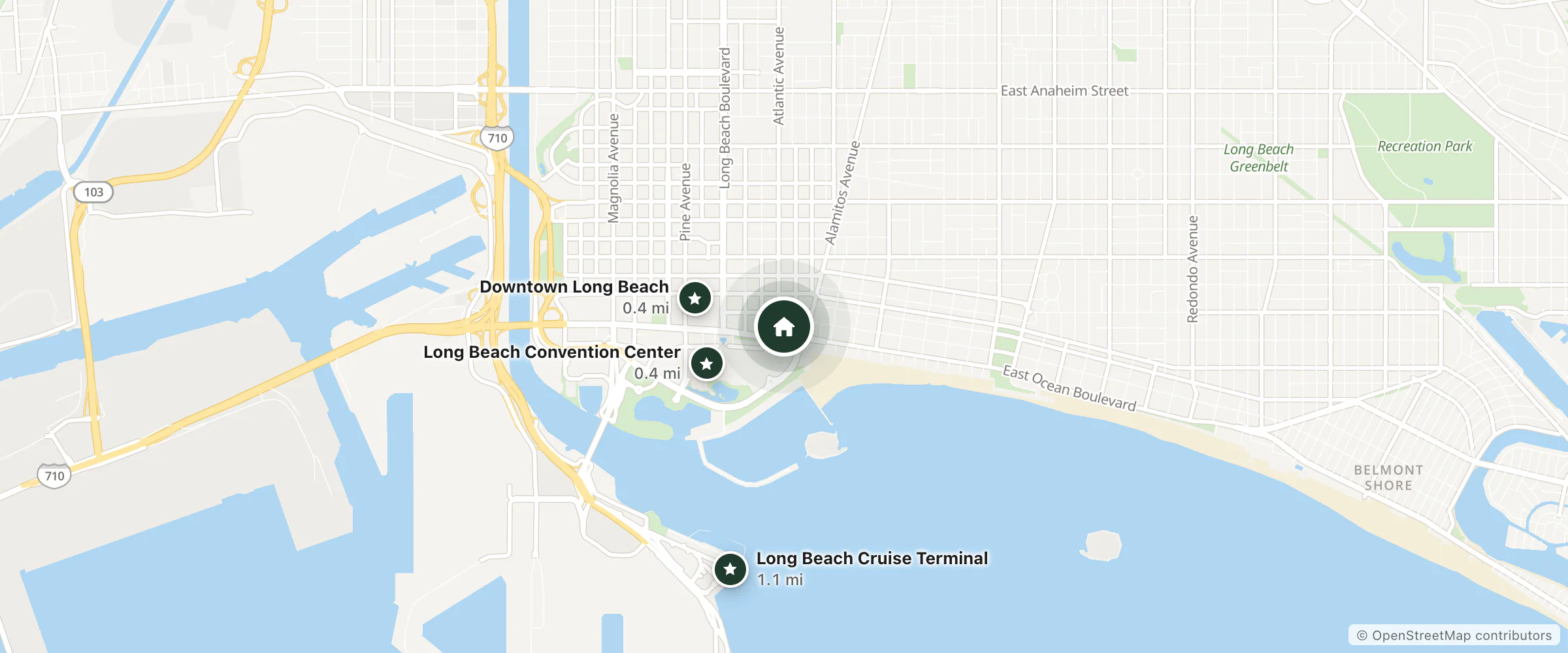Map of Rodeway Inn and nearby Long Beach Convention Center, Downtown Long Beach and Long Beach Cruise Terminal