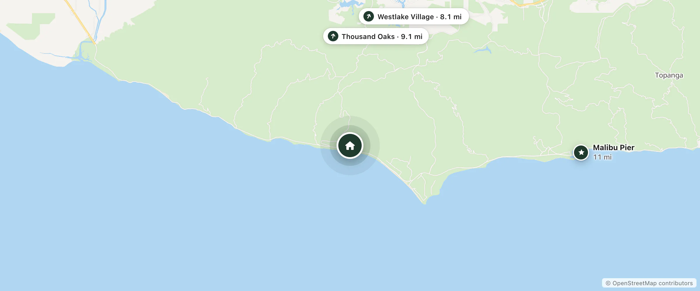 Map of Zuma Sanctuary and nearby Westlake Village, Thousand Oaks and Malibu Pier