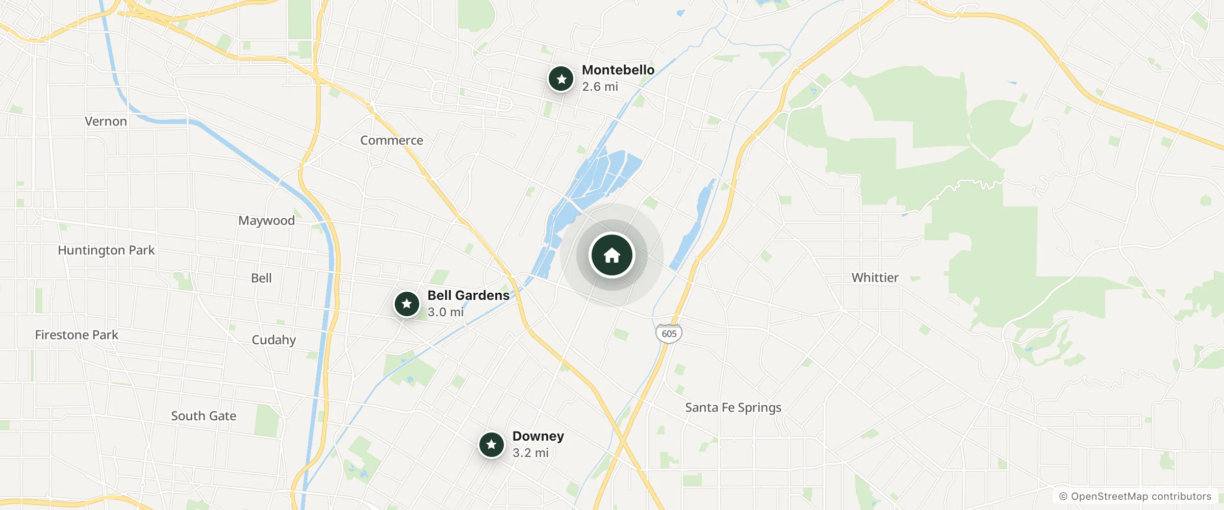 Map of Travelodge Motel Pico Rivera and nearby Montebello, Bell Gardens and Downey