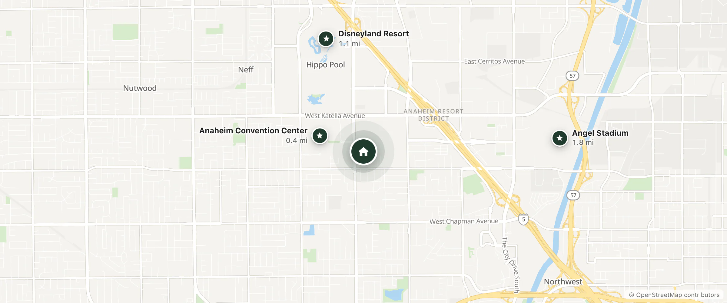 Map of Homewood Suites by Hilton Anaheim Resort Convention Center and nearby Anaheim Convention Center, Disneyland Resort and Angel Stadium
