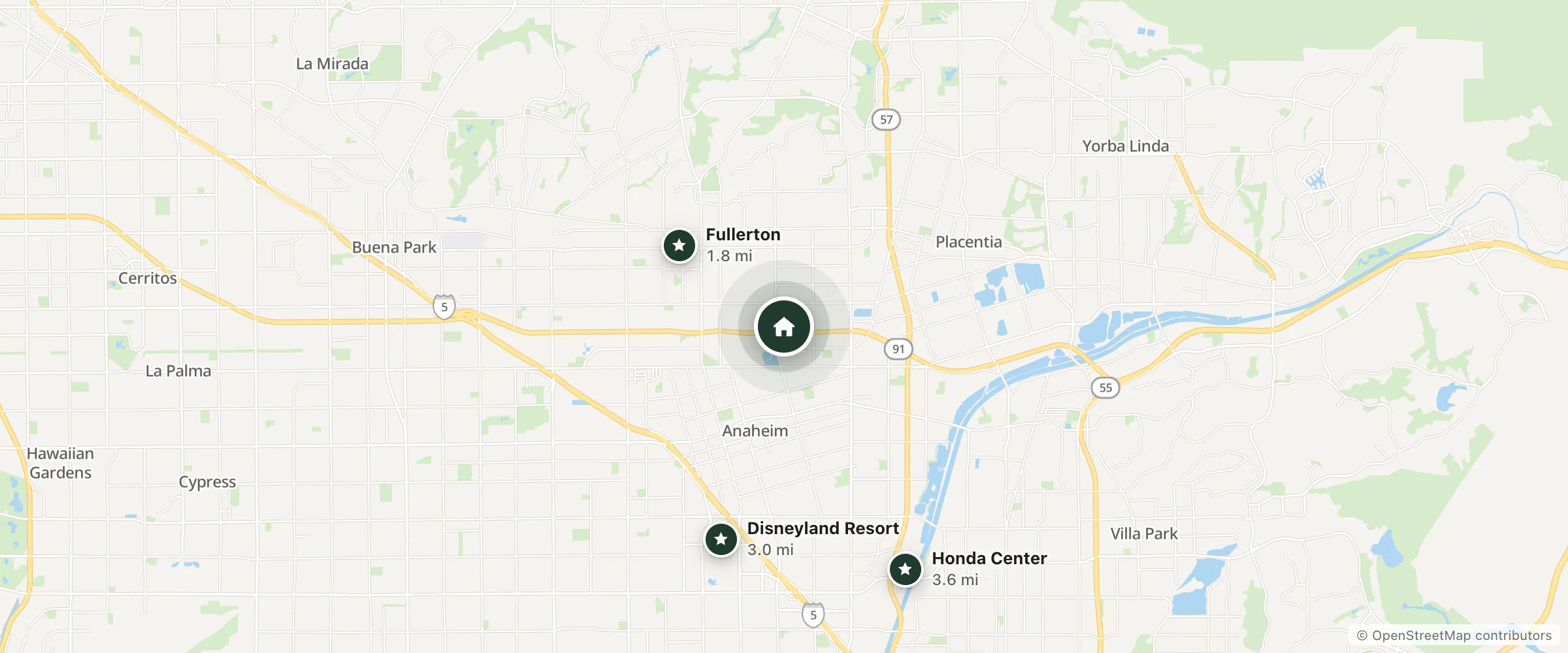 Map of Crowne Plaza Fullerton and nearby Fullerton, Disneyland Resort and Honda Center