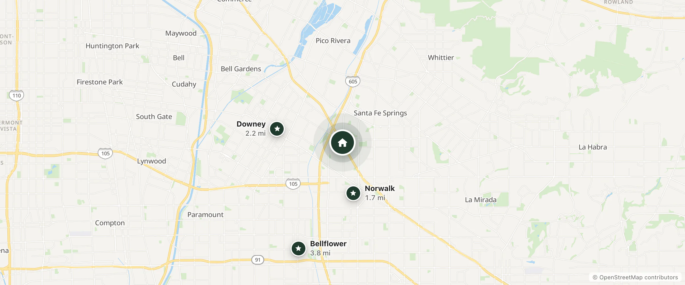 Map of Santa Fe Inn and nearby Norwalk, Downey and Bellflower