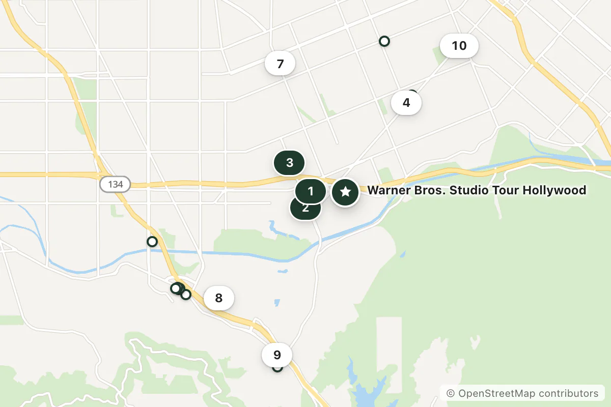 Map of the top 19 hotels for this question around Warner Bros. Studio Tour Hollywood