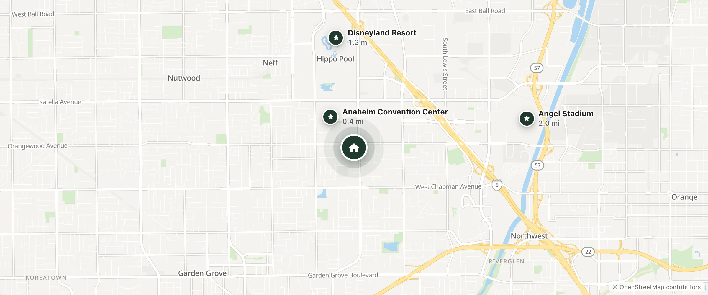 Map of Anaheim Express Inn and nearby Anaheim Convention Center, Disneyland Resort and Angel Stadium