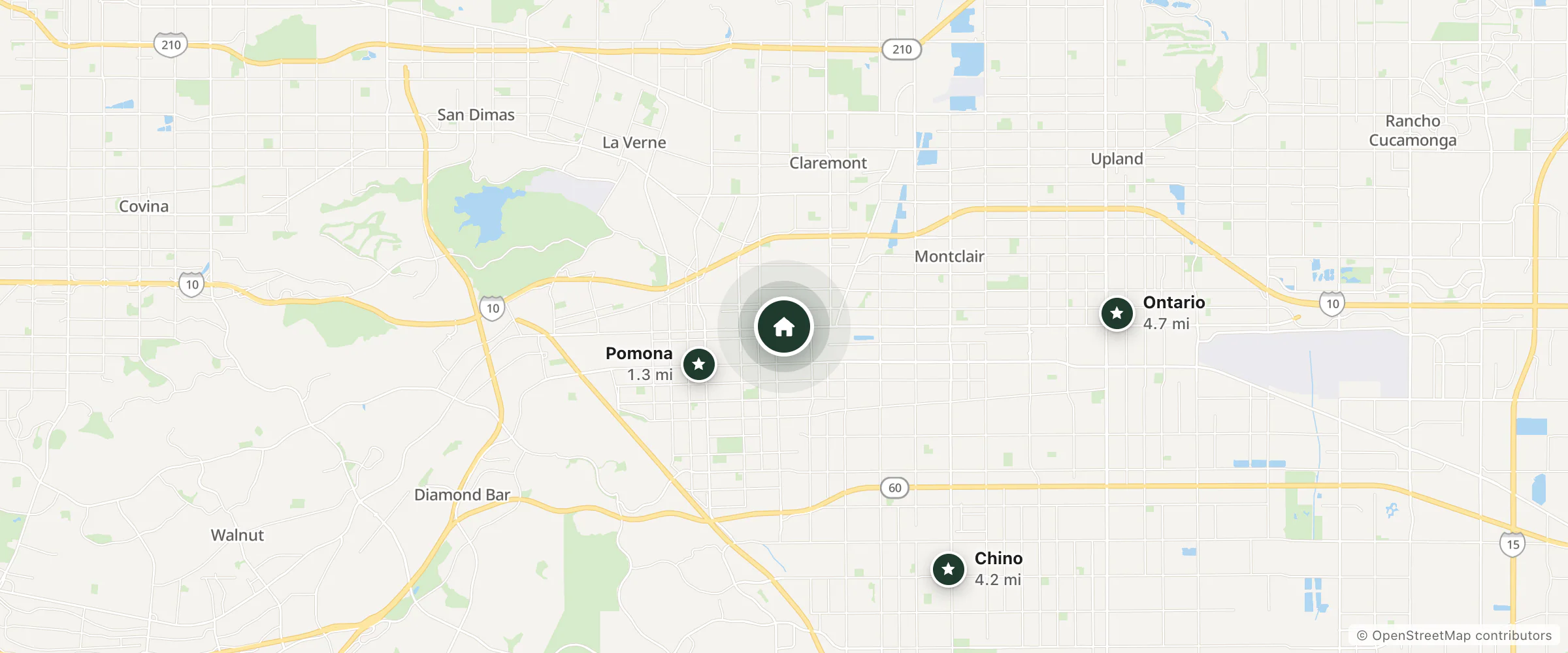 Map of Pala Motel and nearby Pomona, Chino and Ontario