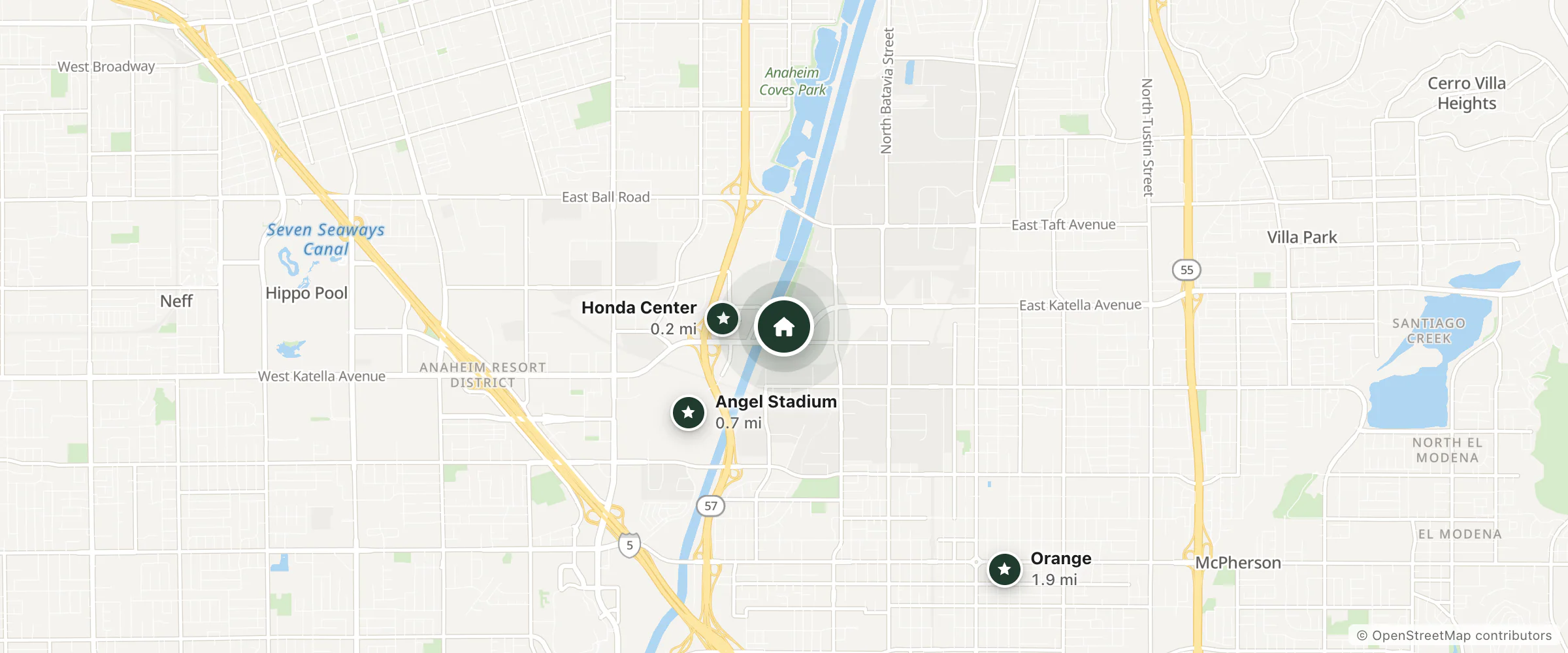 Map of Extended Stay America and nearby Honda Center, Angel Stadium and Orange