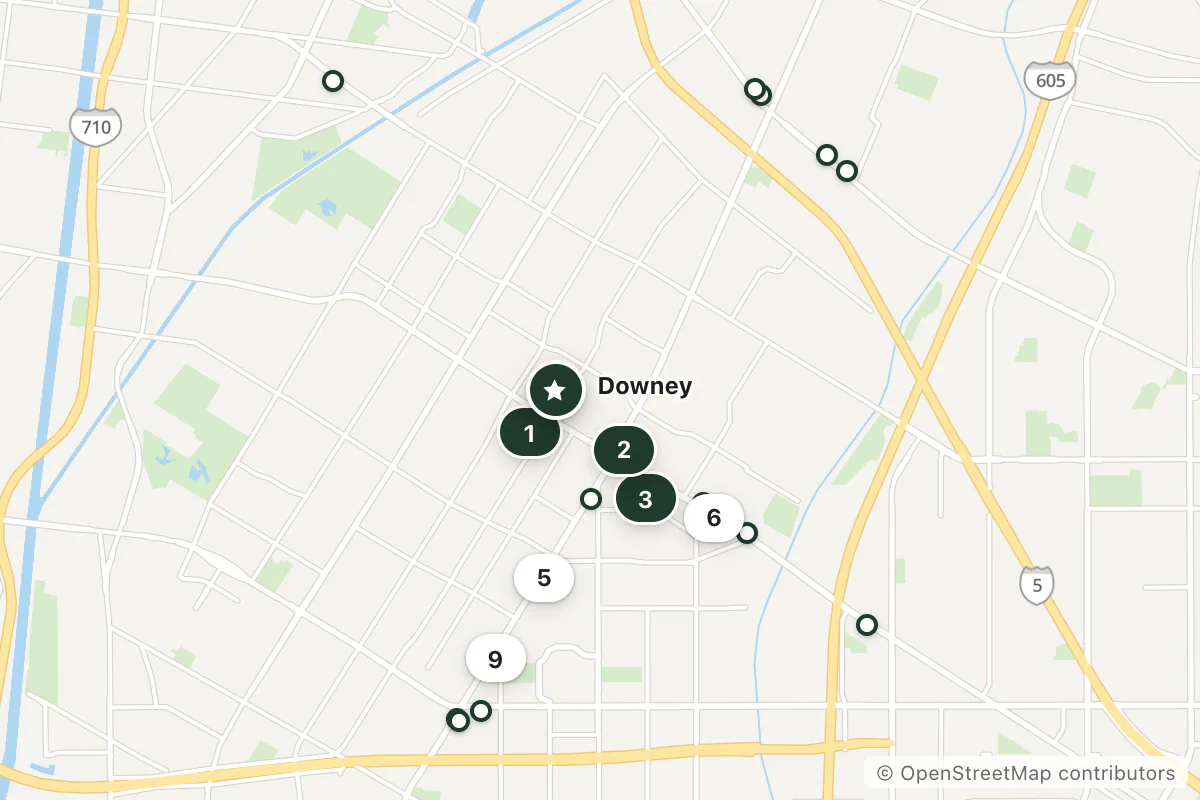Map of the top 19 hotels for this question around Downey