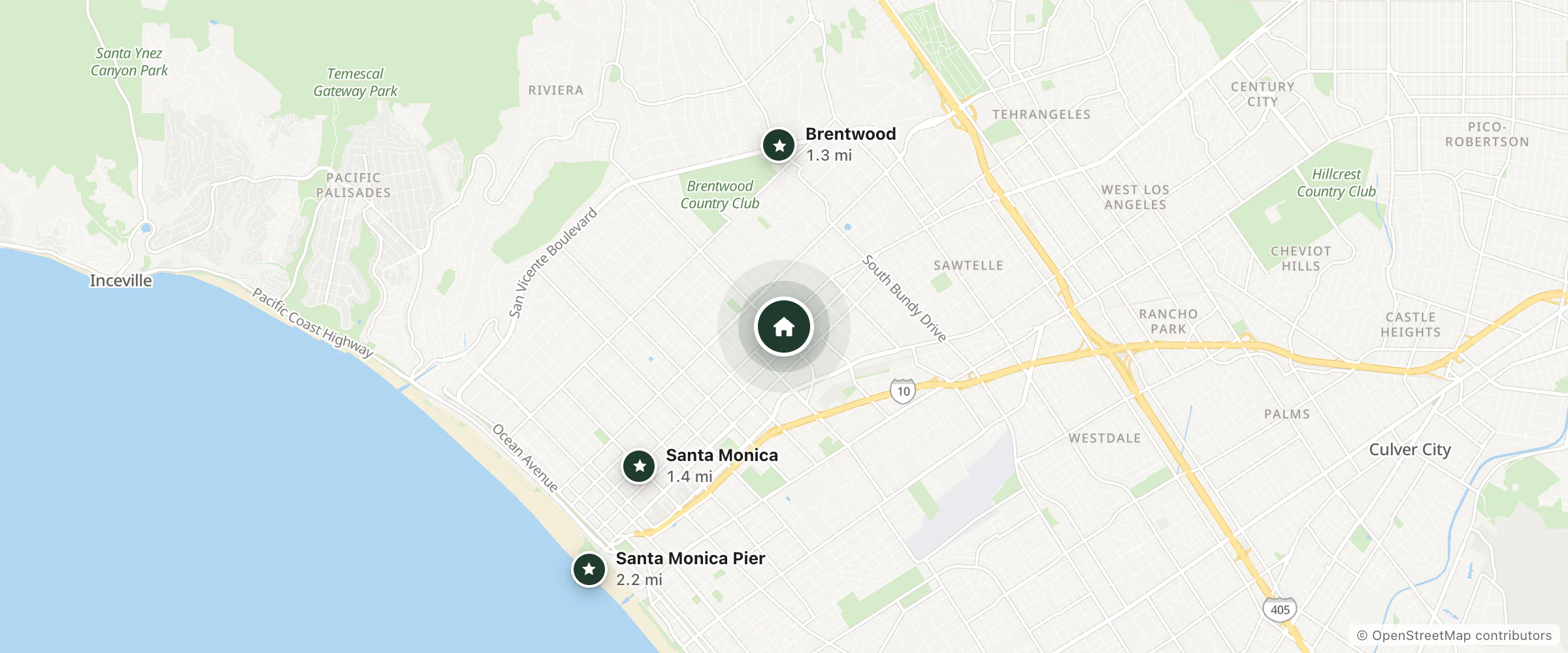 Map of Village Motel and nearby Brentwood, Santa Monica and Santa Monica Pier