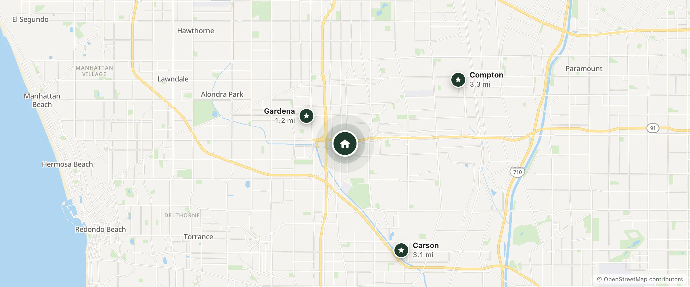 Map of Motel 6 and nearby Gardena, Carson and Compton