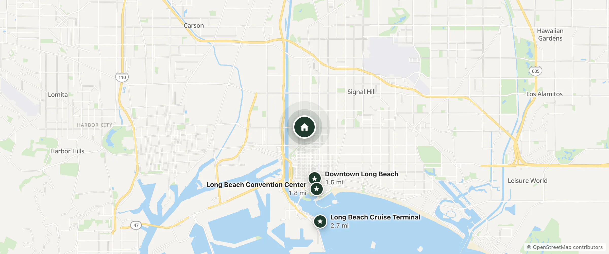 Map of Tower Motel Long Beach and nearby Downtown Long Beach, Long Beach Convention Center and Long Beach Cruise Terminal