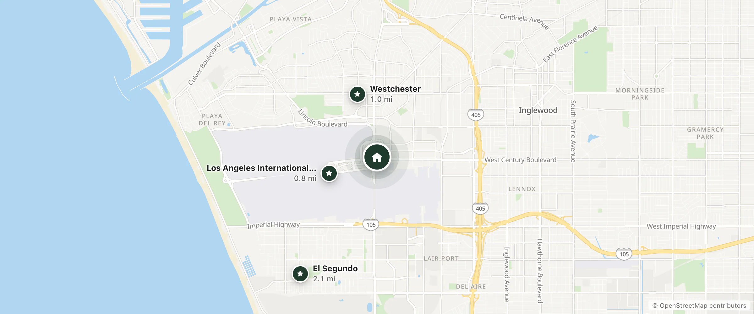 Map of Hyatt Regency Los Angeles International Airport and nearby Los Angeles International Airport, Westchester and El Segundo