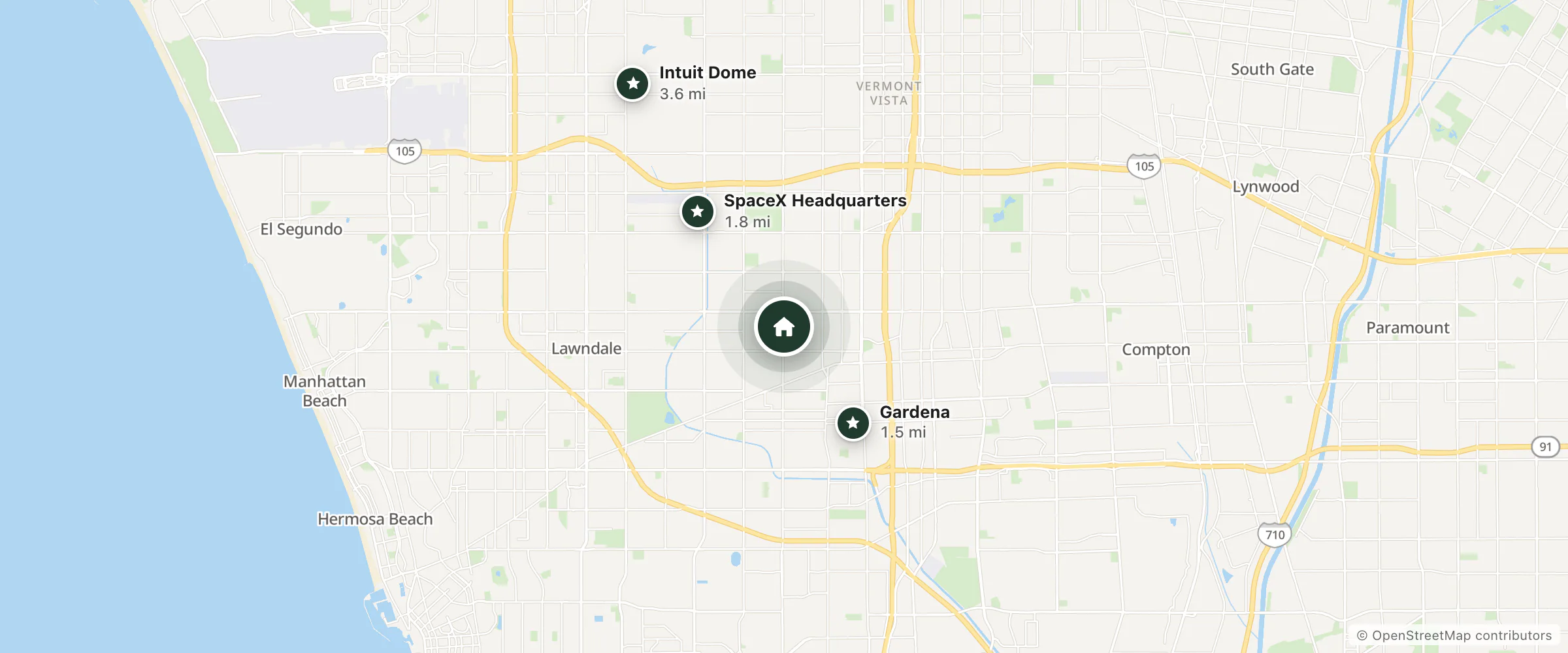 Map of Gardena Motel and nearby Gardena, SpaceX Headquarters and Intuit Dome