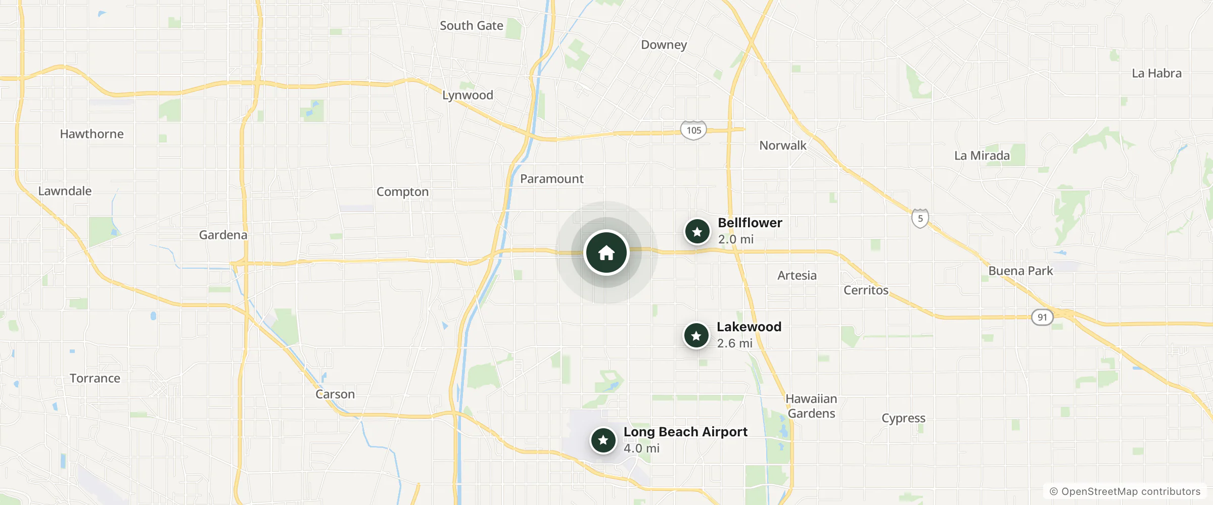 Map of Motel 6 and nearby Bellflower, Lakewood and Long Beach Airport