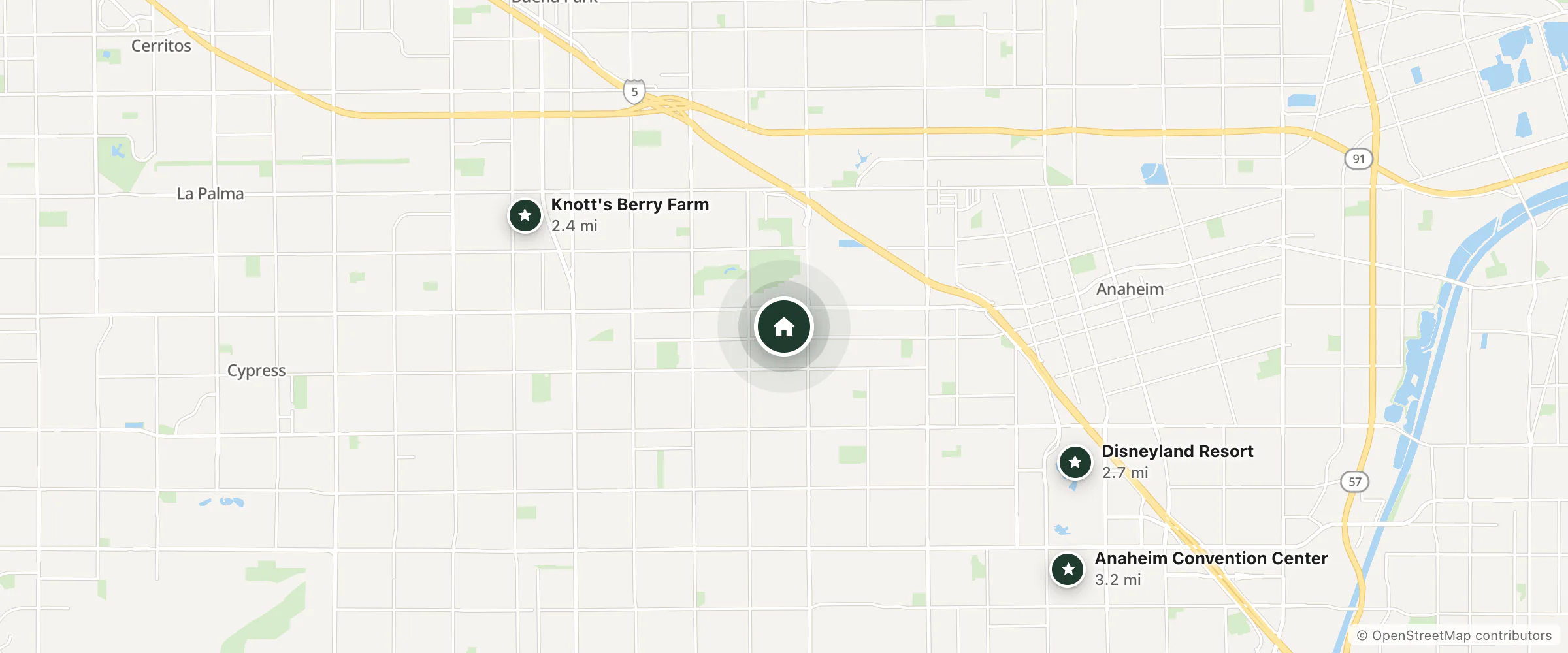 Map of Madison Park Resident Suites and nearby Knott's Berry Farm, Disneyland Resort and Anaheim Convention Center
