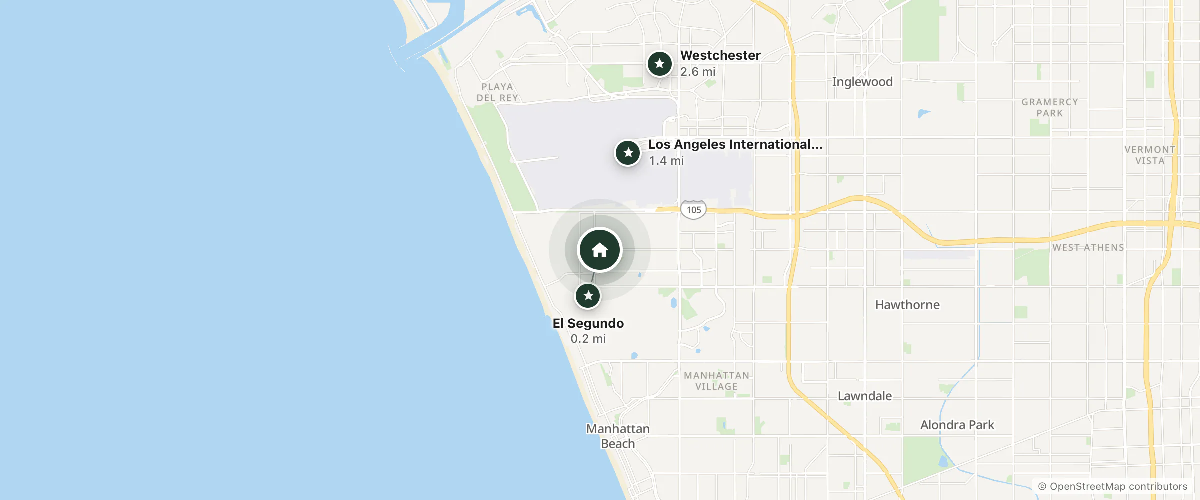 Map of Shelaton Garden Inn and nearby El Segundo, Los Angeles International Airport and Westchester