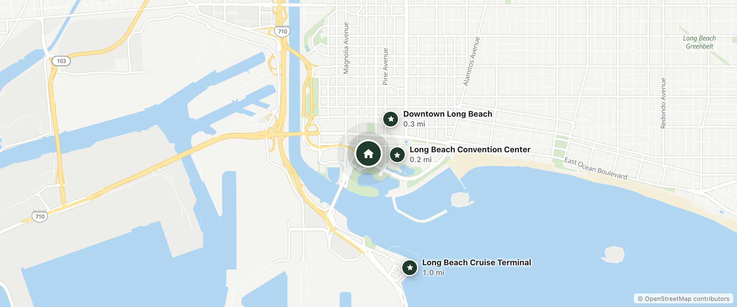 Map of Hyatt Centric The Pike Long Beach and nearby Long Beach Convention Center, Downtown Long Beach and Long Beach Cruise Terminal