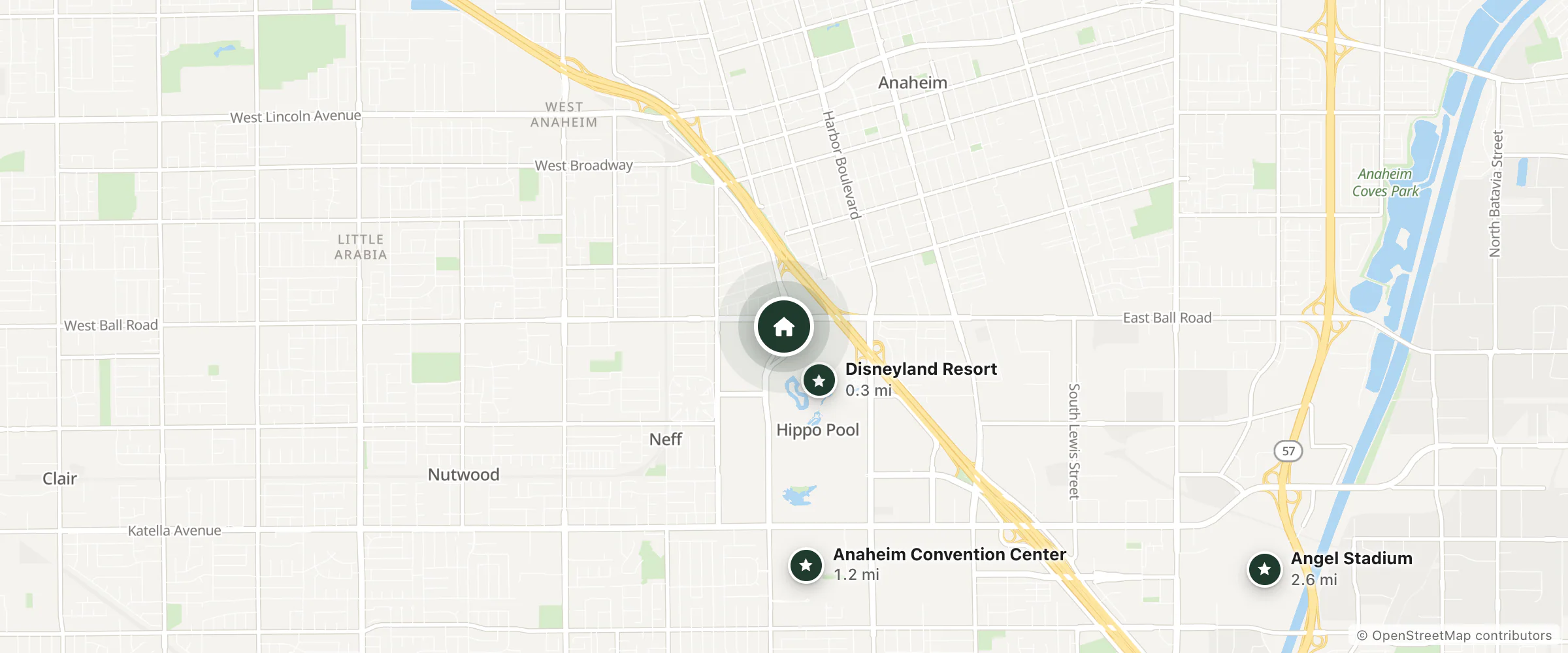 Map of Budget Inn and nearby Disneyland Resort, Anaheim Convention Center and Angel Stadium