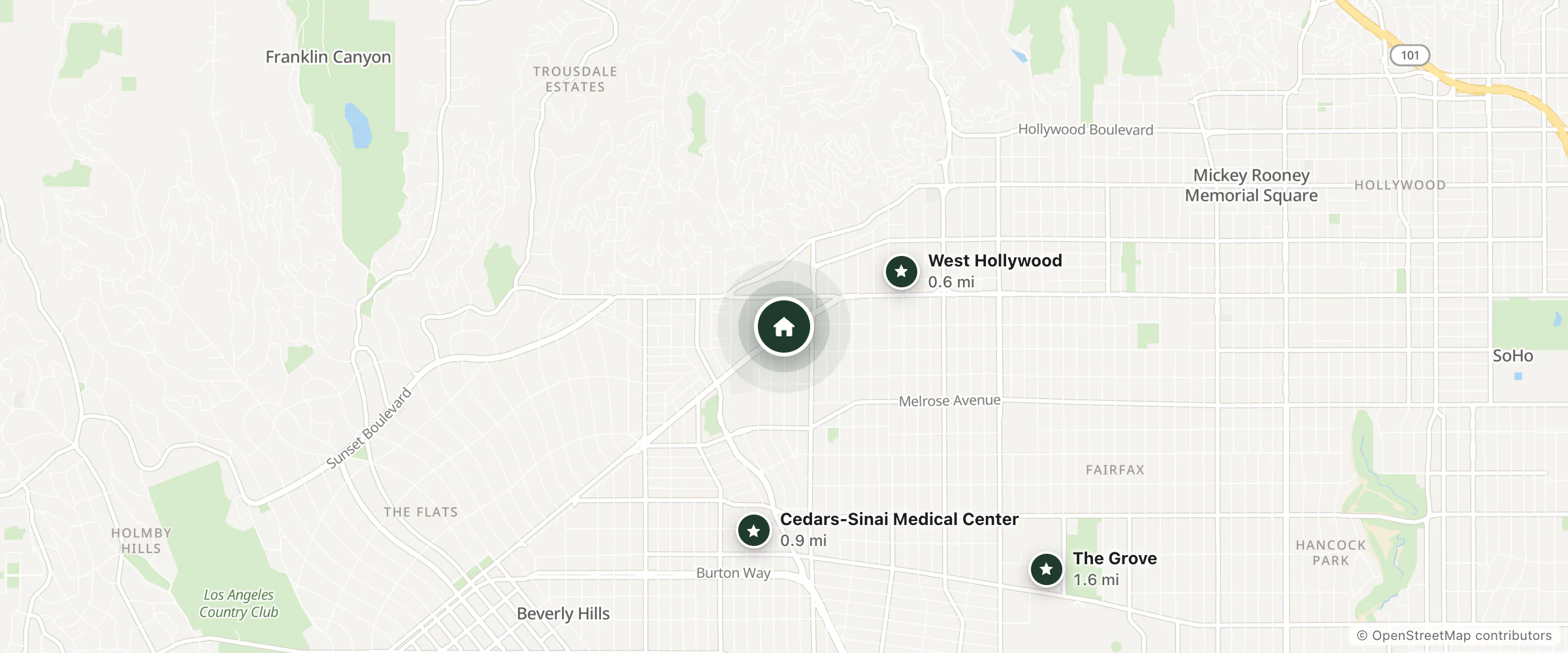 Map of The Infamous Tropicana Motel Hollywood and nearby West Hollywood, Cedars-Sinai Medical Center and The Grove