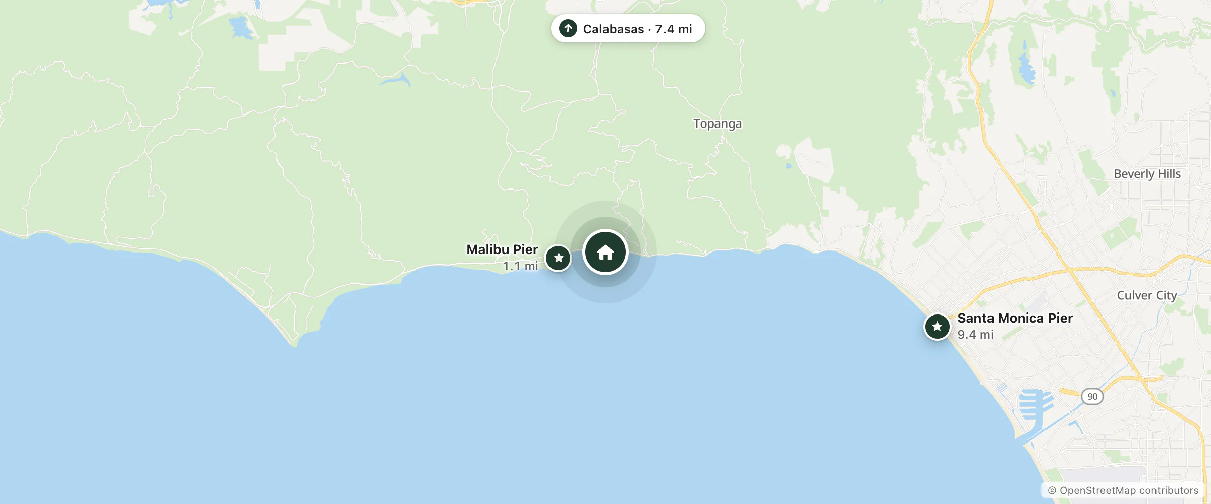 Map of Malibu Beach and nearby Malibu Pier, Calabasas and Santa Monica Pier