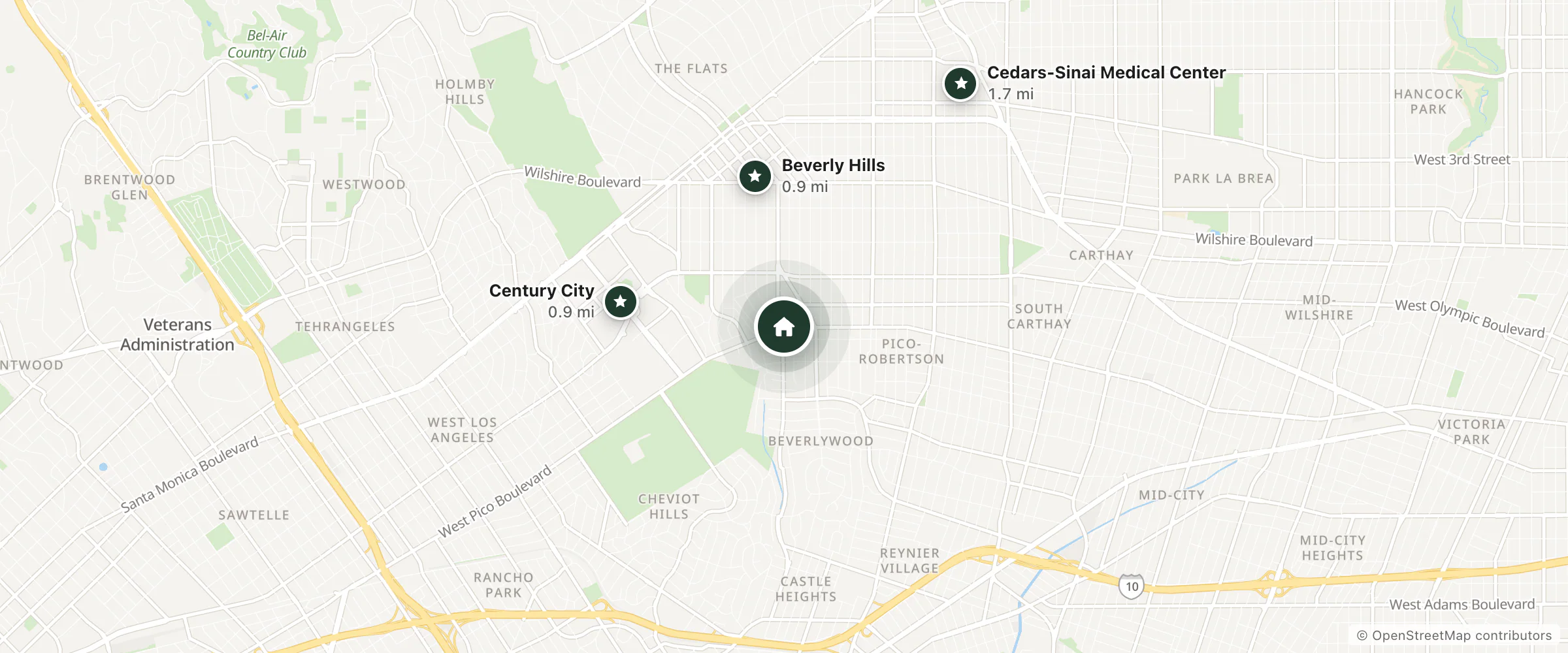 Map of Cameo Beverly Hills, LXR Hotels & Resorts and nearby Beverly Hills, Century City and Cedars-Sinai Medical Center