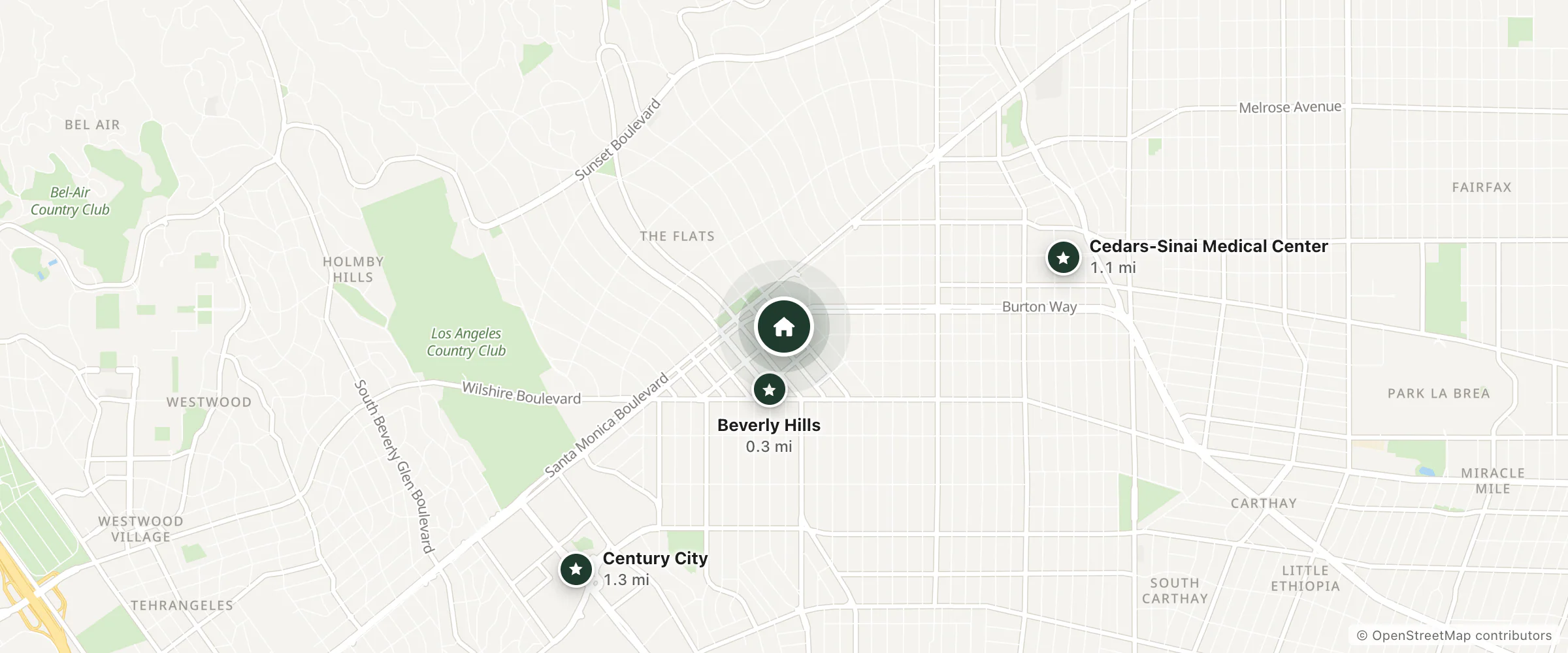 Map of Crescent Hotel Beverly Hills and nearby Beverly Hills, Cedars-Sinai Medical Center and Century City