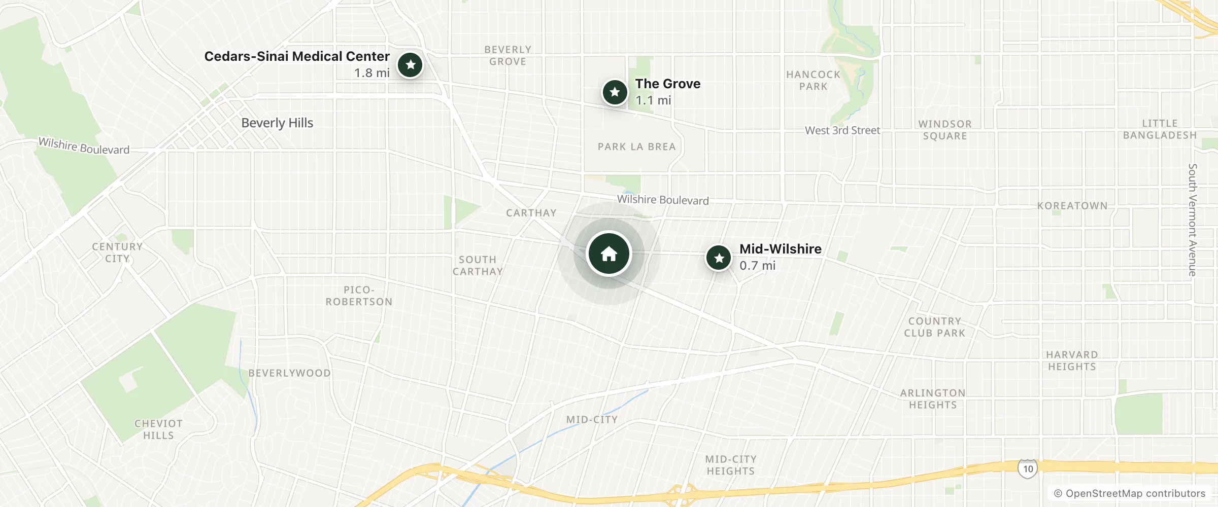 Map of Olympic Motor Lodge and nearby Mid-Wilshire, The Grove and Cedars-Sinai Medical Center