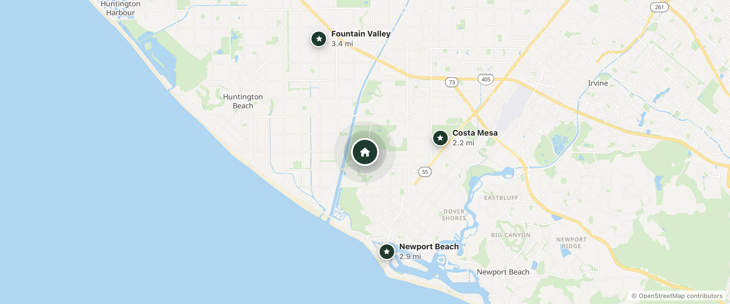 Map of Green Acre Inn and nearby Costa Mesa, Newport Beach and Fountain Valley