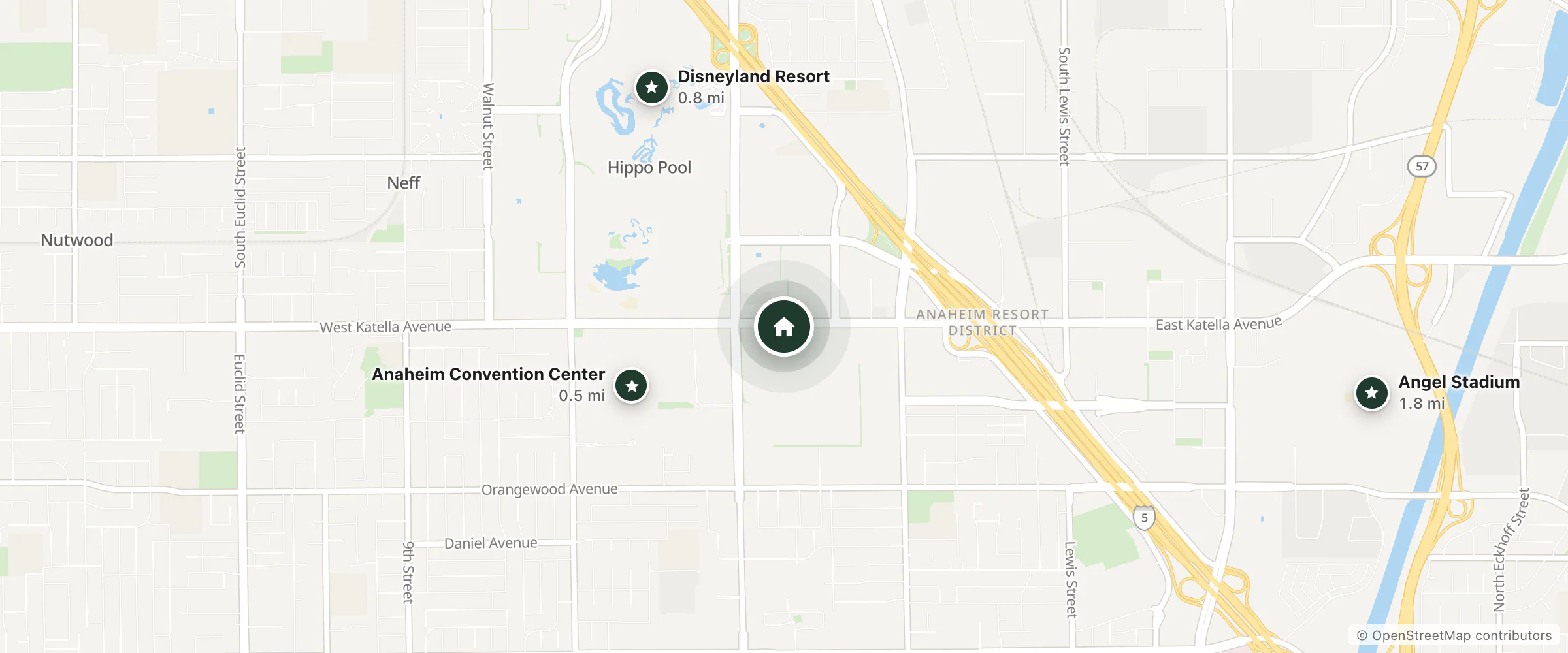 Map of Little Boy Blue Motel and nearby Anaheim Convention Center, Disneyland Resort and Angel Stadium