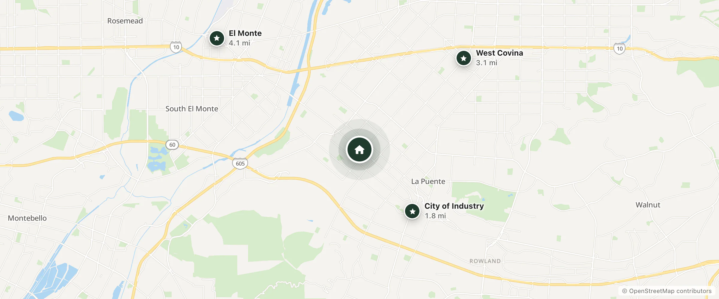 Map of Pegasus Manor and nearby City of Industry, West Covina and El Monte