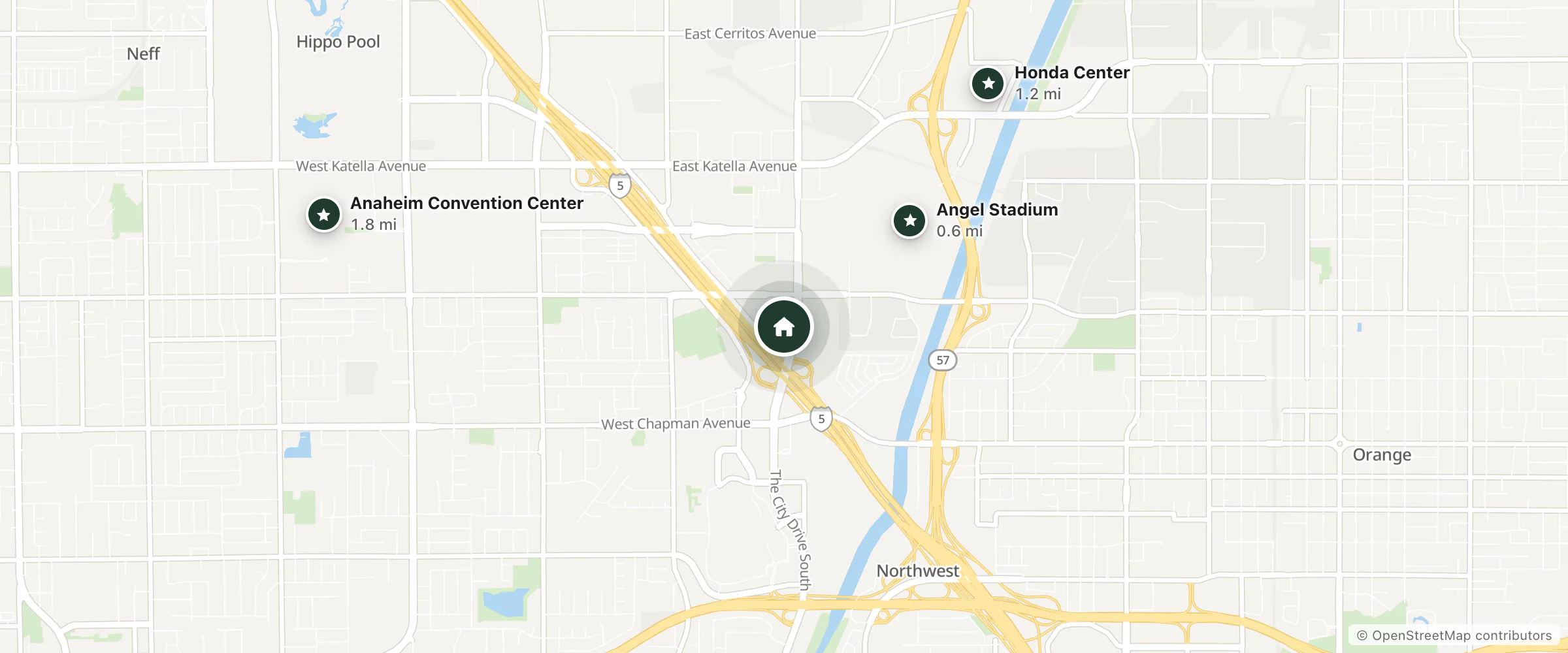 Map of Embassy Suites by Hilton Anaheim Orange and nearby Angel Stadium, Honda Center and Anaheim Convention Center