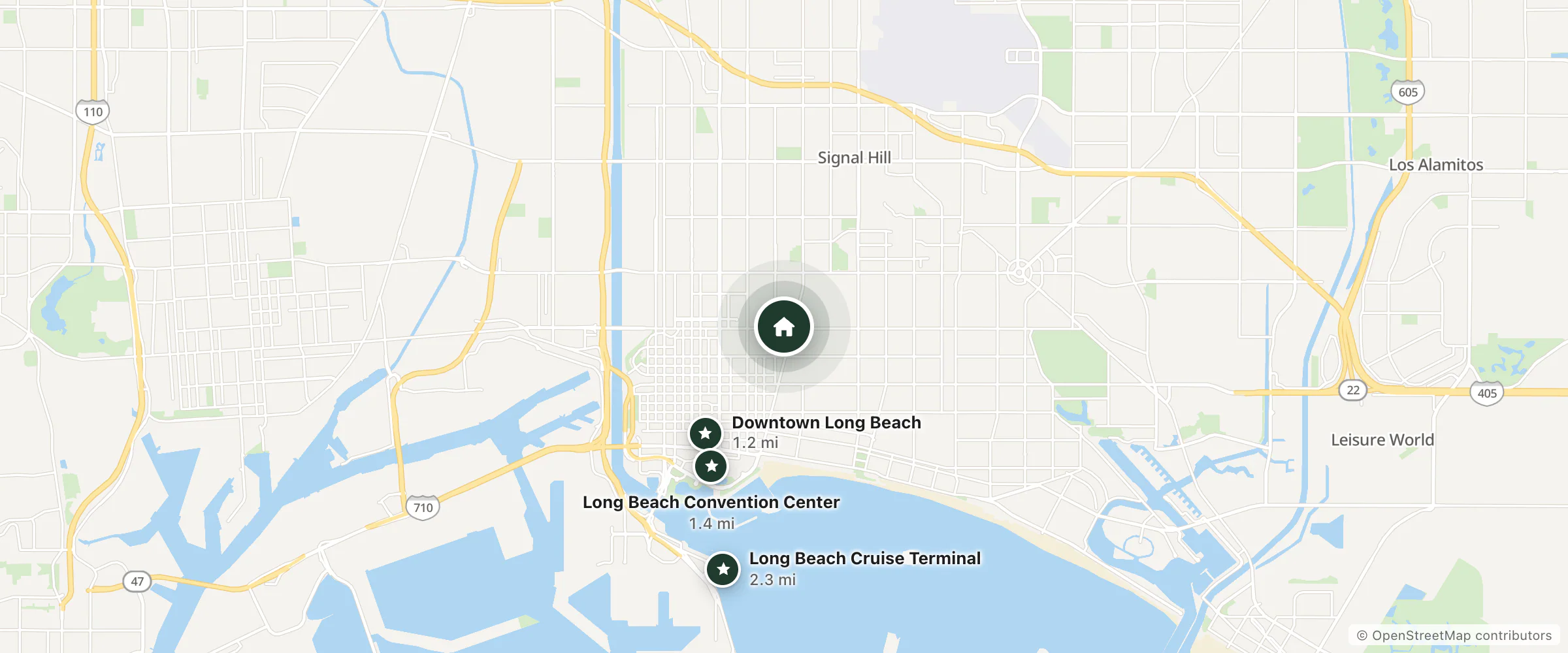Map of Unity Hotel and nearby Downtown Long Beach, Long Beach Convention Center and Long Beach Cruise Terminal