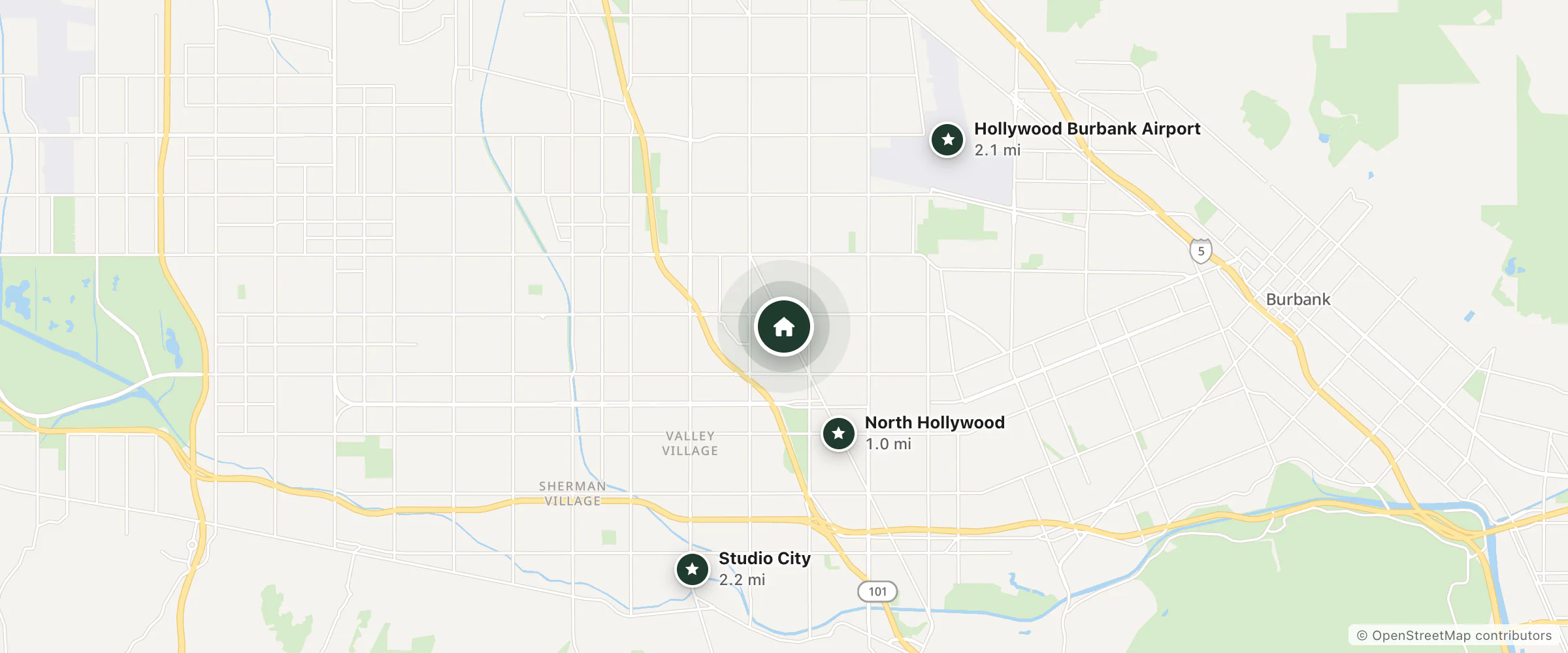 Map of Pepper Tree Motel and nearby North Hollywood, Hollywood Burbank Airport and Studio City
