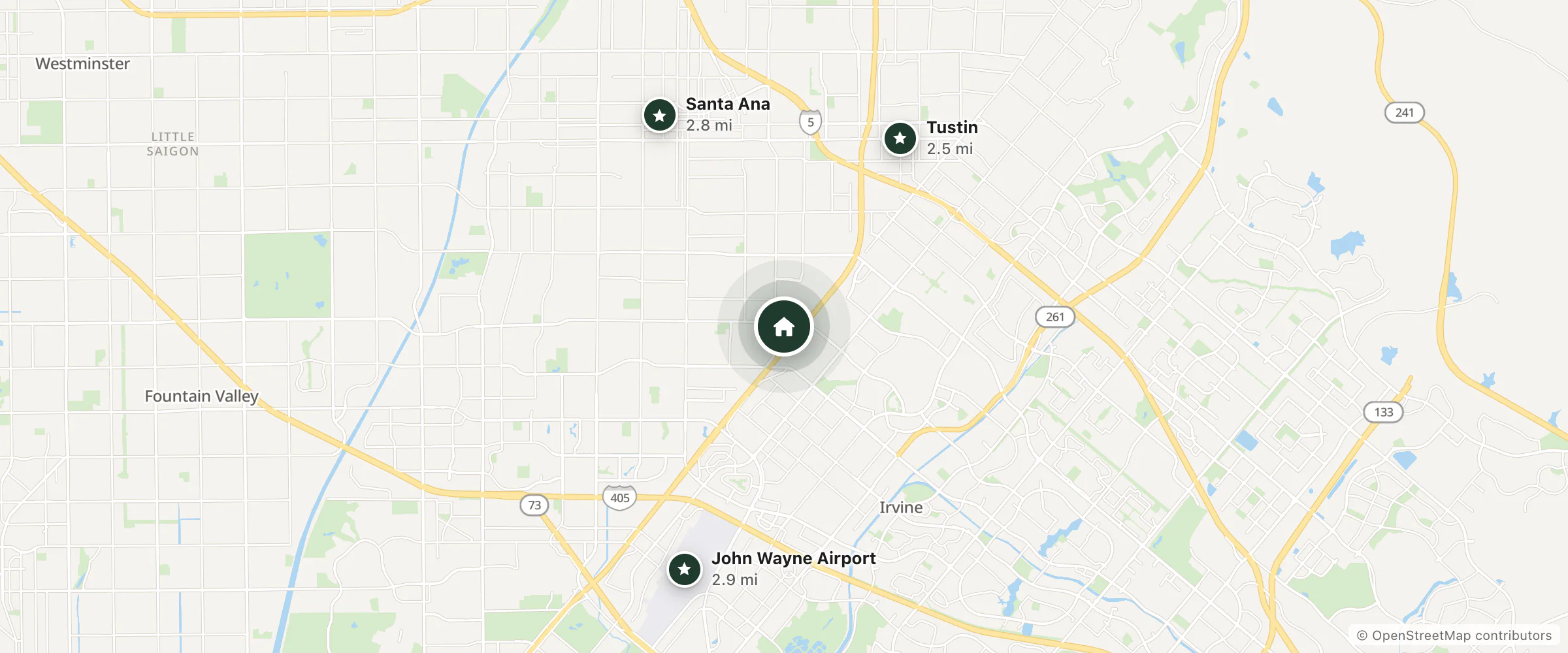 Map of The Island Hotel Newport Beach and nearby Tustin, Santa Ana and John Wayne Airport