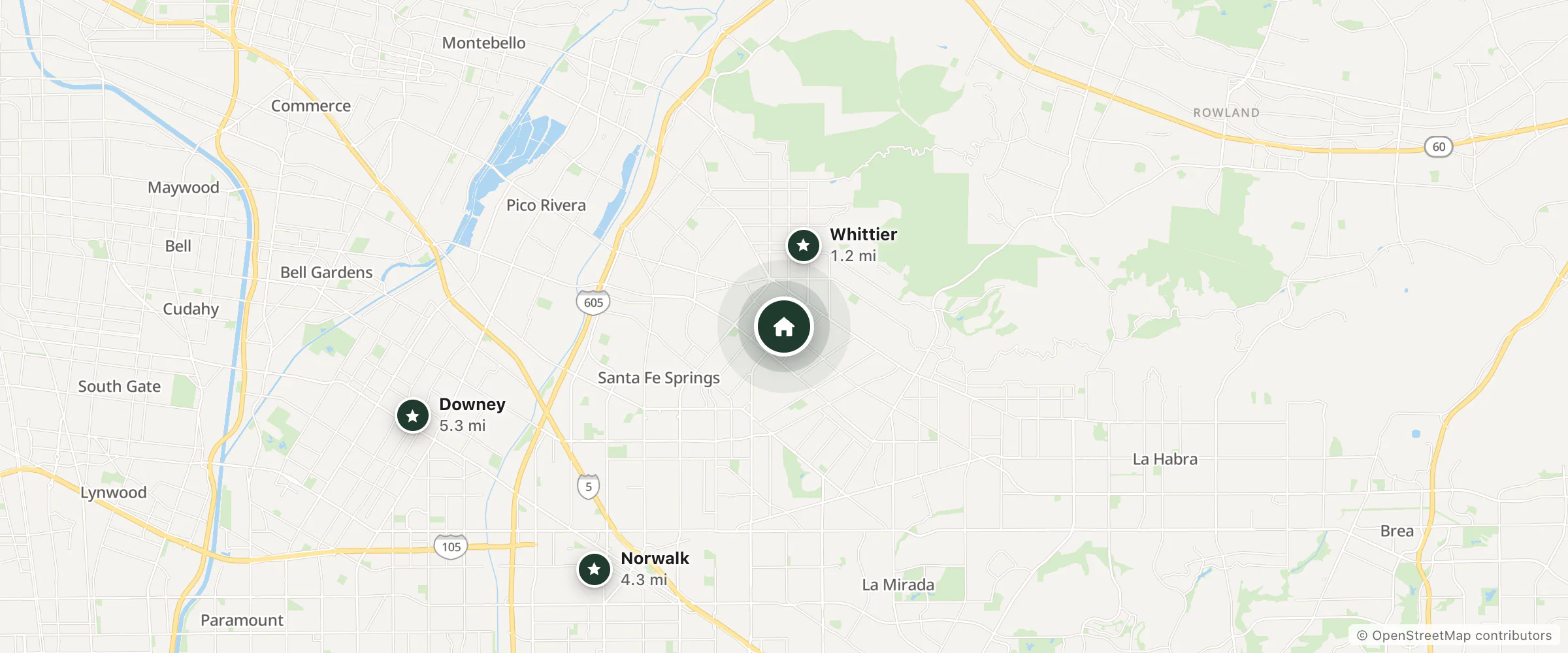 Map of Lambert Inn and nearby Whittier, Norwalk and Downey